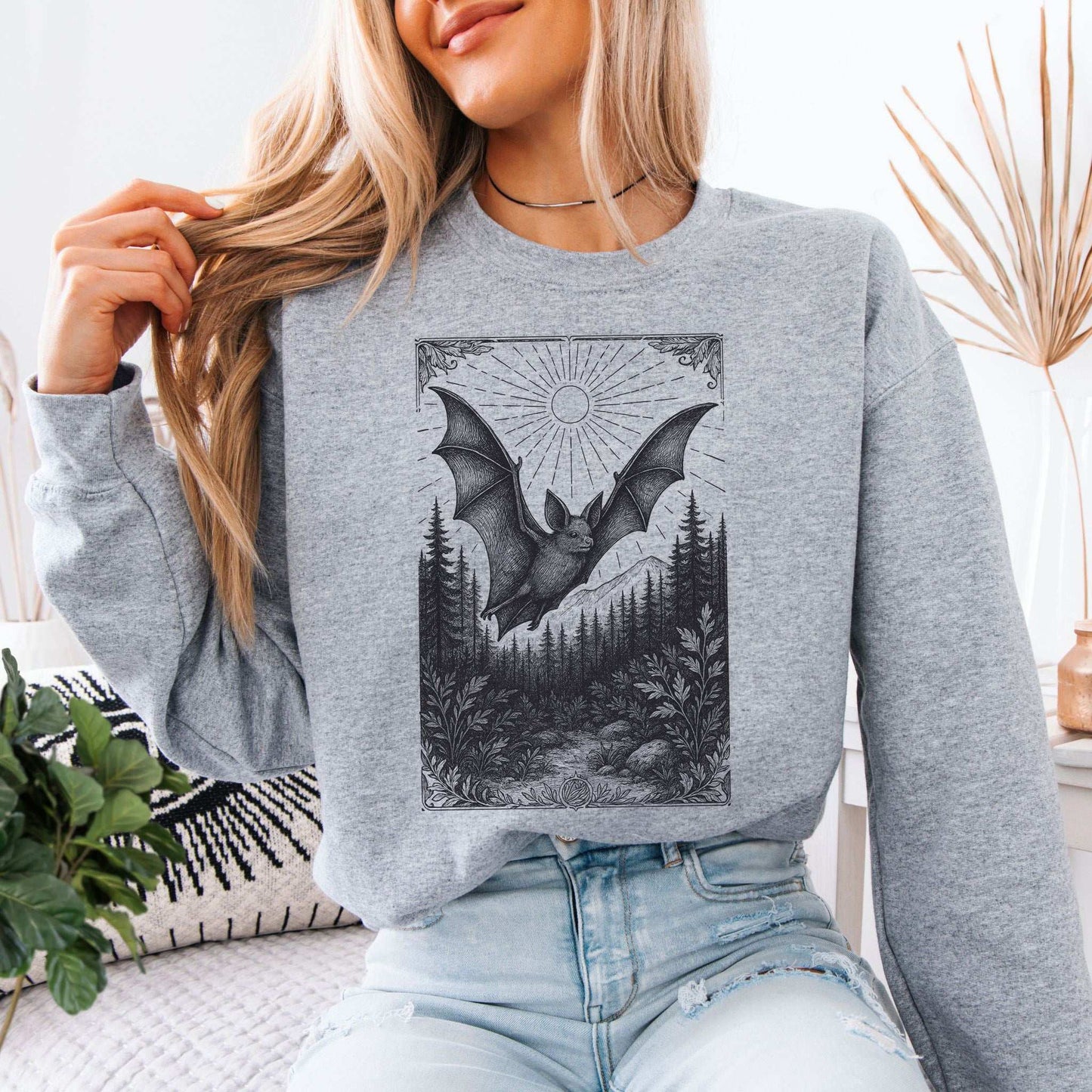 Nocturnal Guide Bat Spirit Animal Sweatshirt featuring a vintage bat design amid forest scenery.