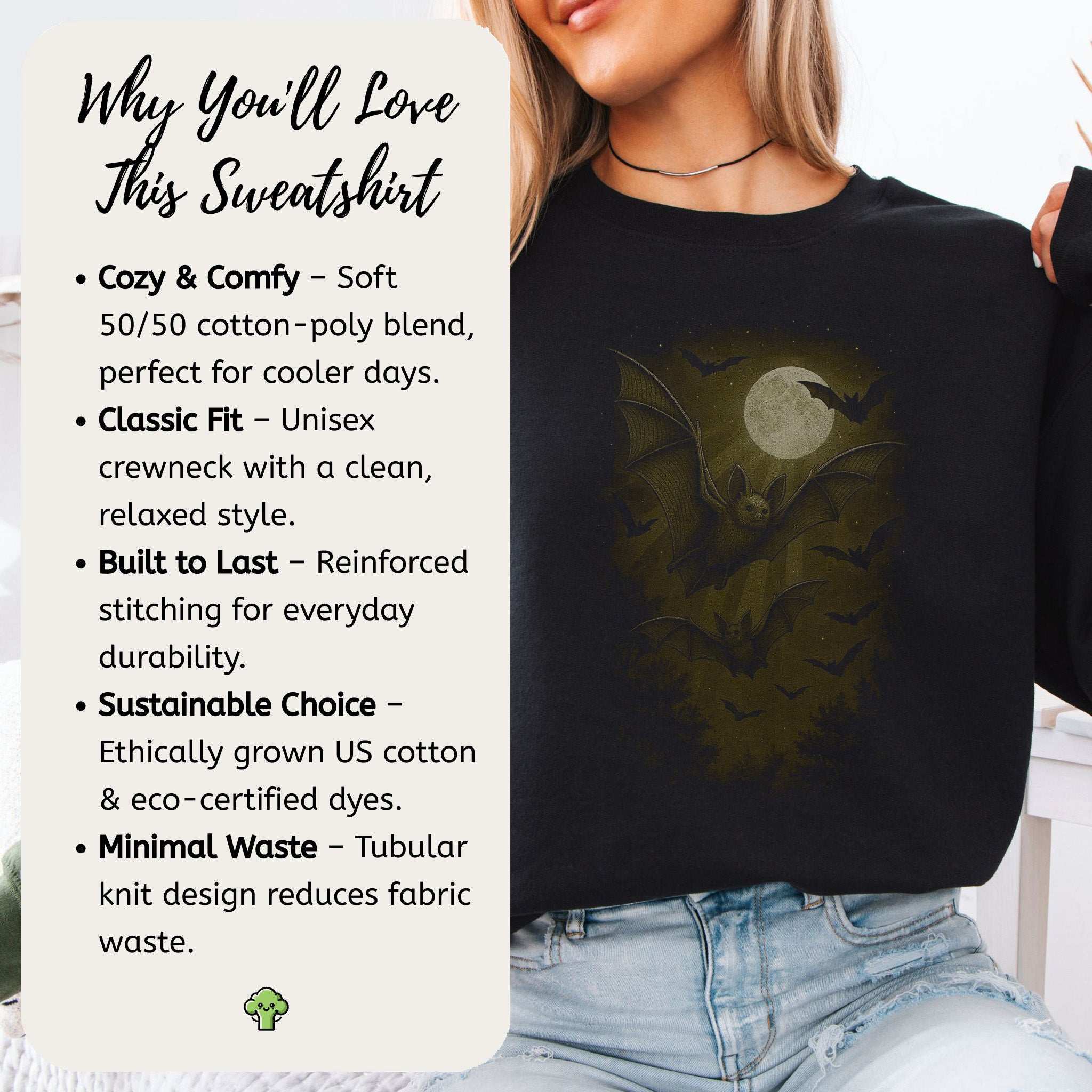 Bat Spirit Animal Sweatshirt – Full Moon Forest Flight Vibes featuring cozy design and bat graphic for nighttime comfort.