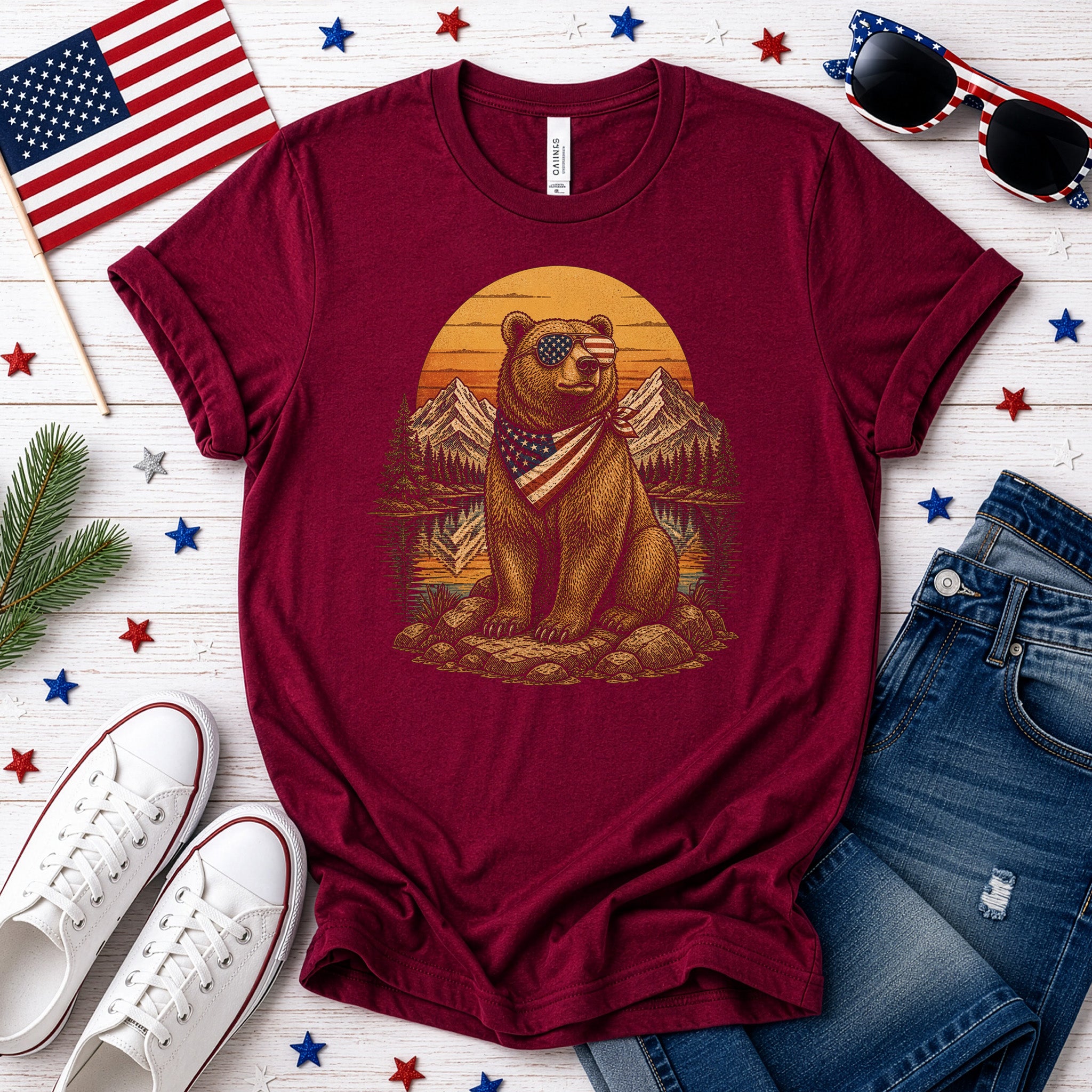 Bear of Freedom Patriotic Grizzly 4th of July Mountain Americana T-Shirt