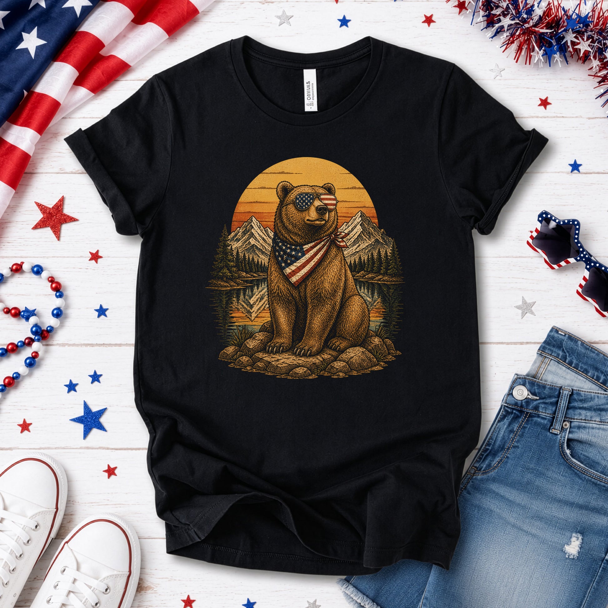 Bear of Freedom Patriotic Grizzly 4th of July Mountain Americana T-Shirt