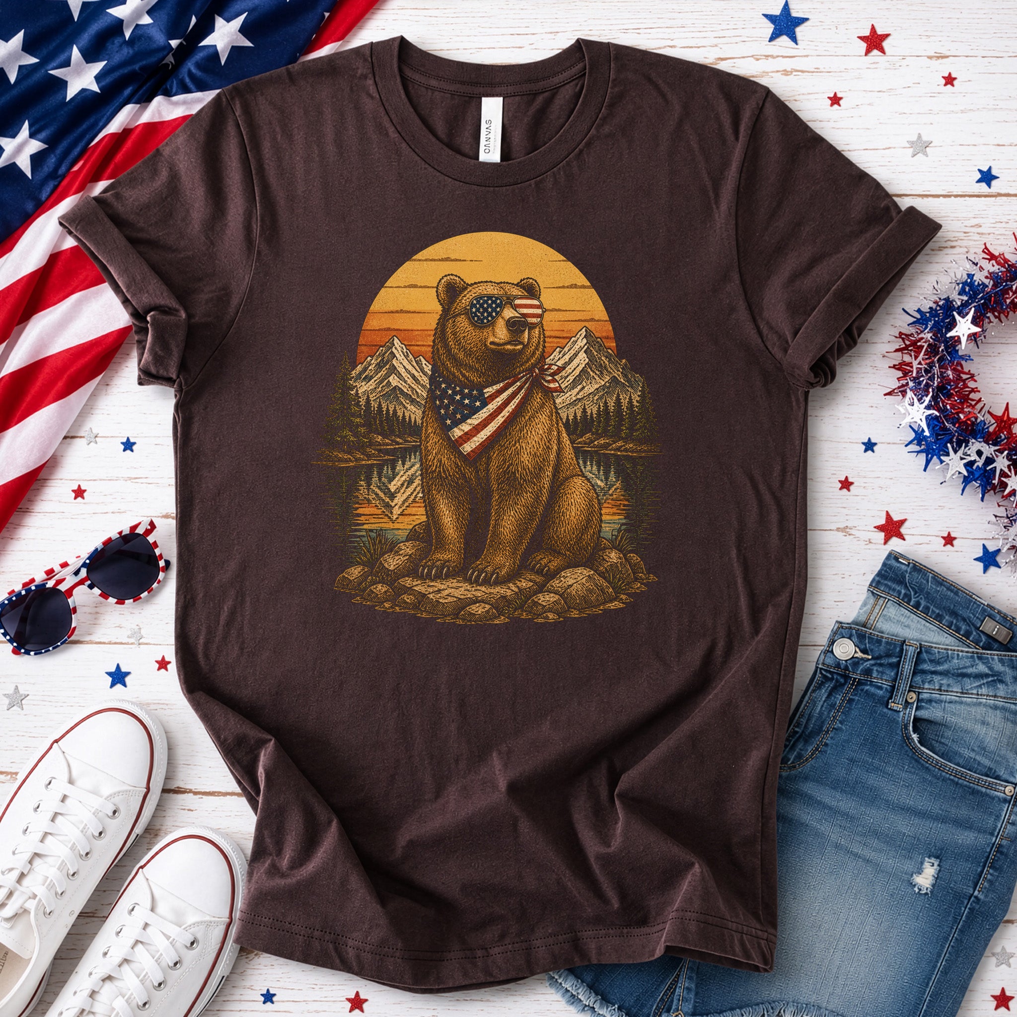 Bear of Freedom Patriotic Grizzly 4th of July Mountain Americana T-Shirt