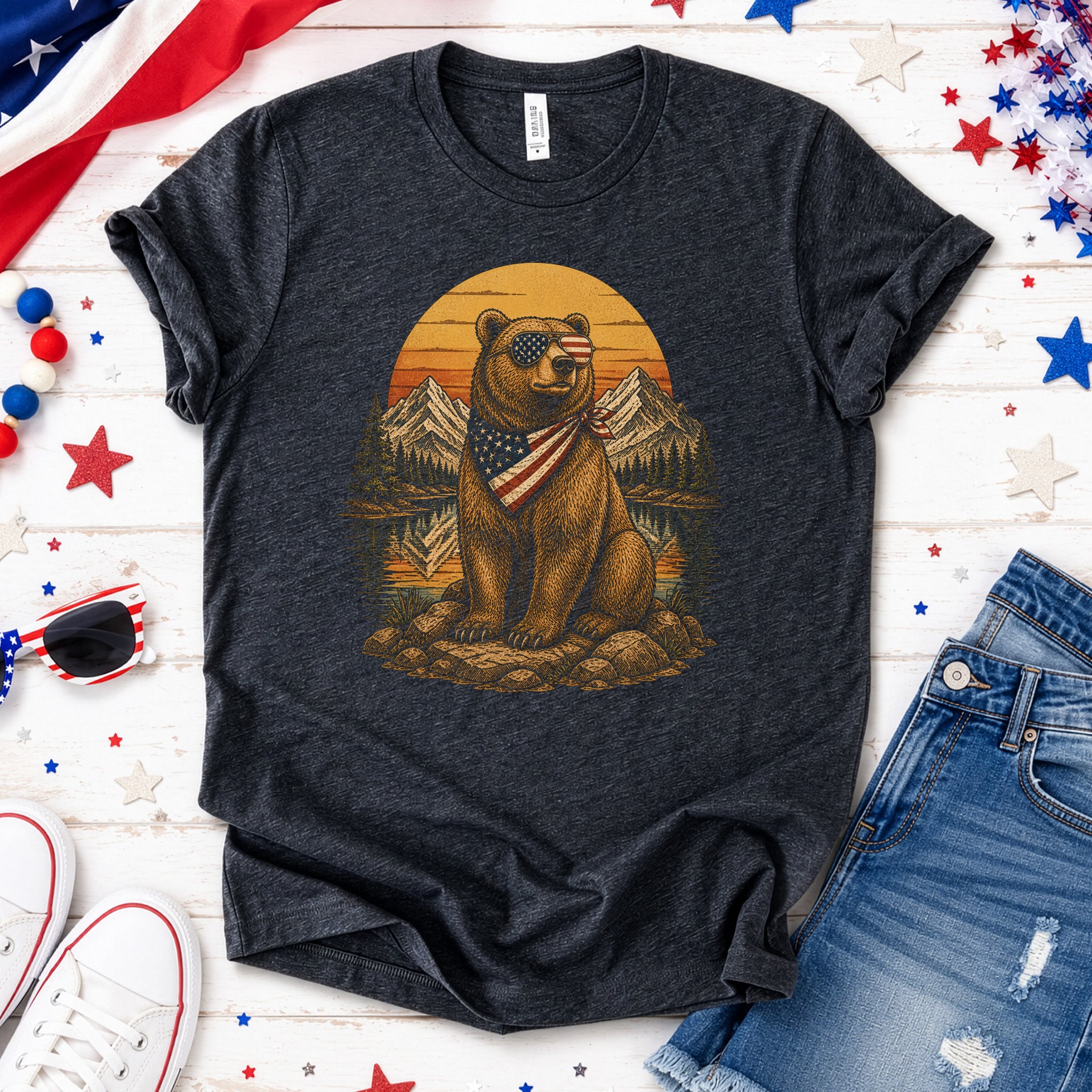 Bear of Freedom Patriotic Grizzly 4th of July Mountain Americana T-Shirt