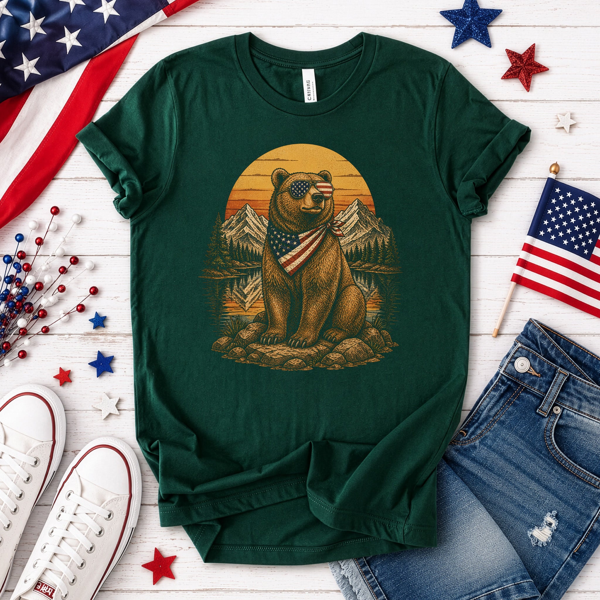 Bear of Freedom Patriotic Grizzly 4th of July Mountain Americana T-Shirt