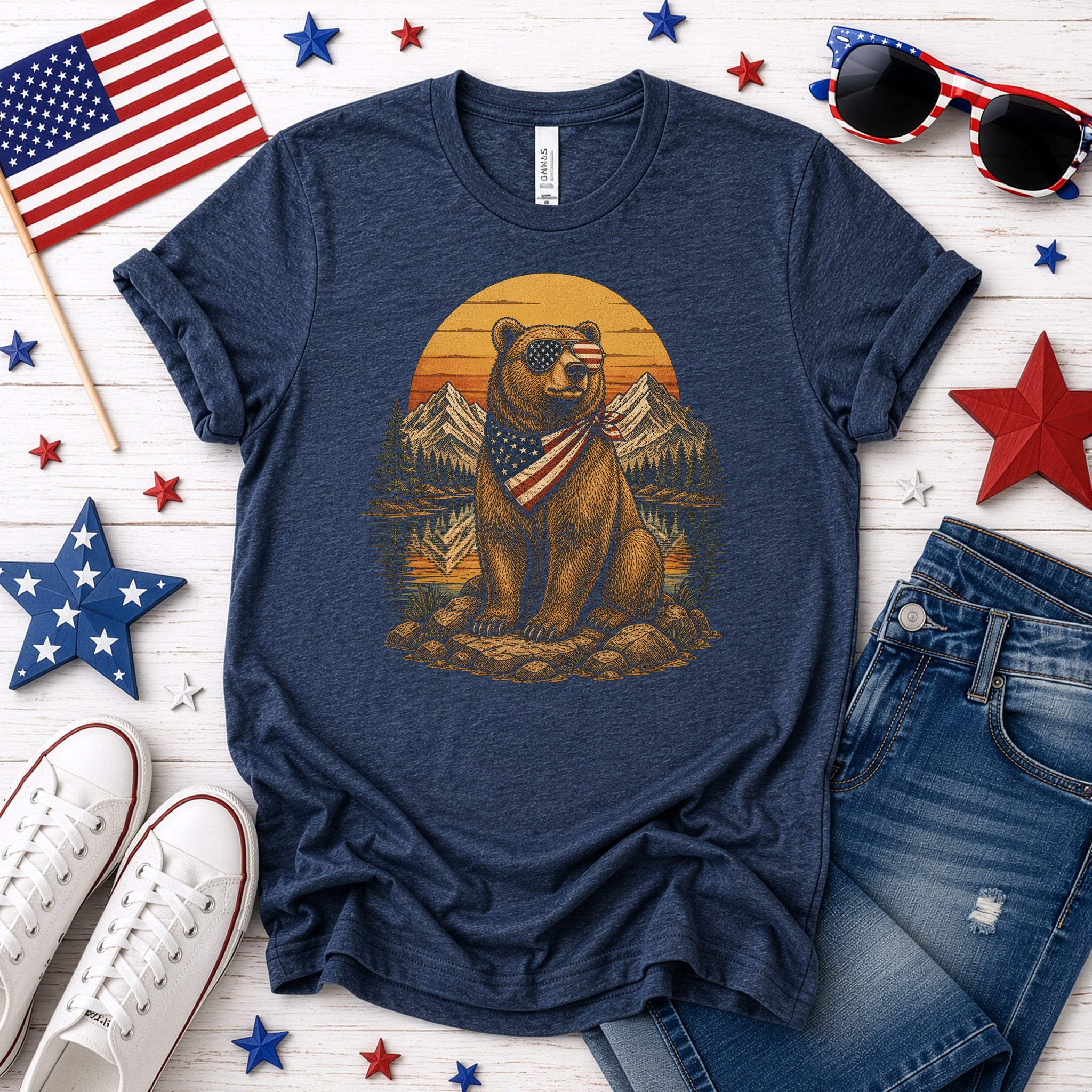 Bear of Freedom Patriotic Grizzly 4th of July Mountain Americana T-Shirt
