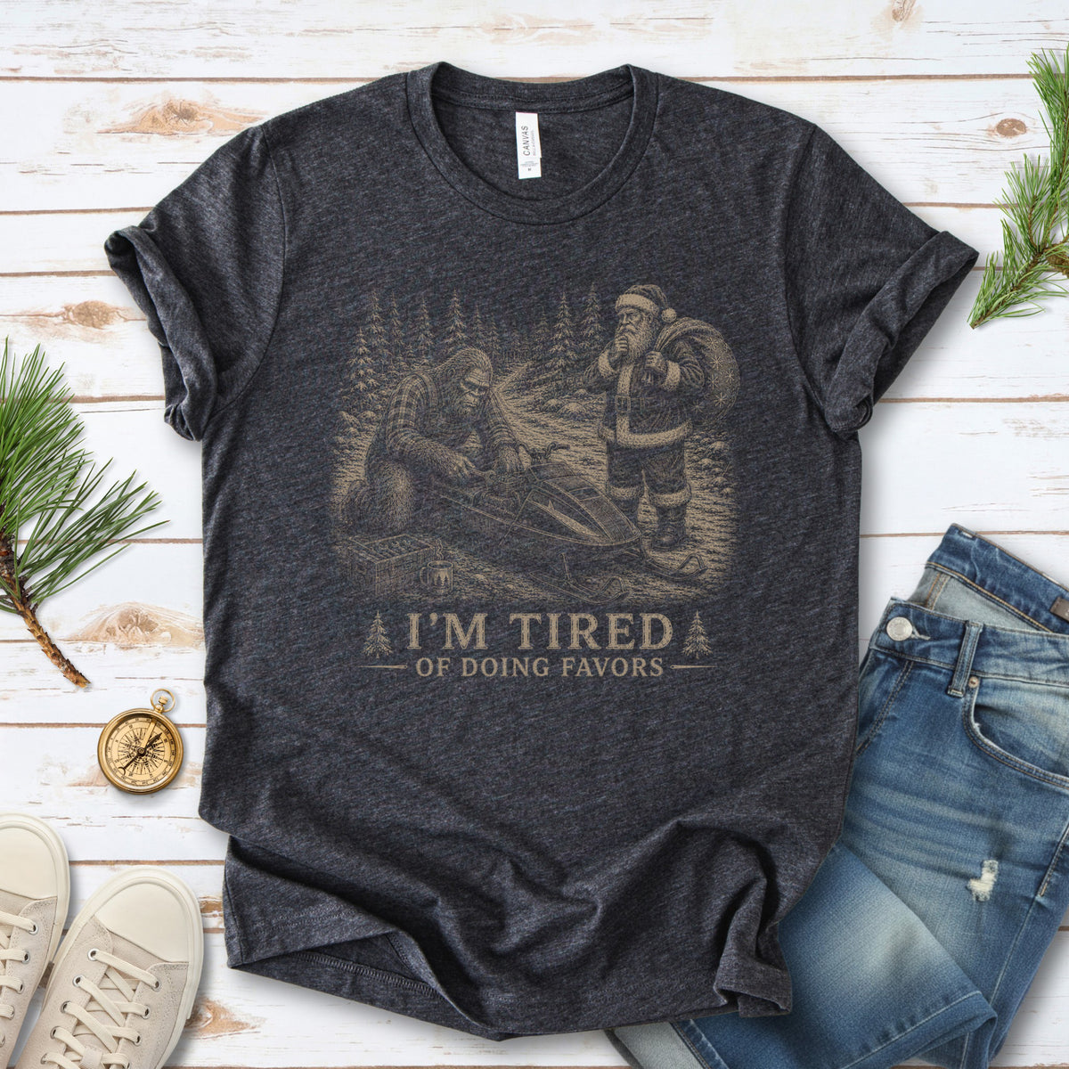 I’m Tired of Doing Favors T-Shirt – Bigfoot Fixing Santa Snowmobile Tee