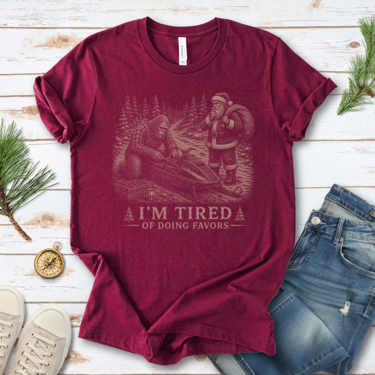 I’m Tired of Doing Favors T-Shirt – Bigfoot Fixing Santa Snowmobile Tee