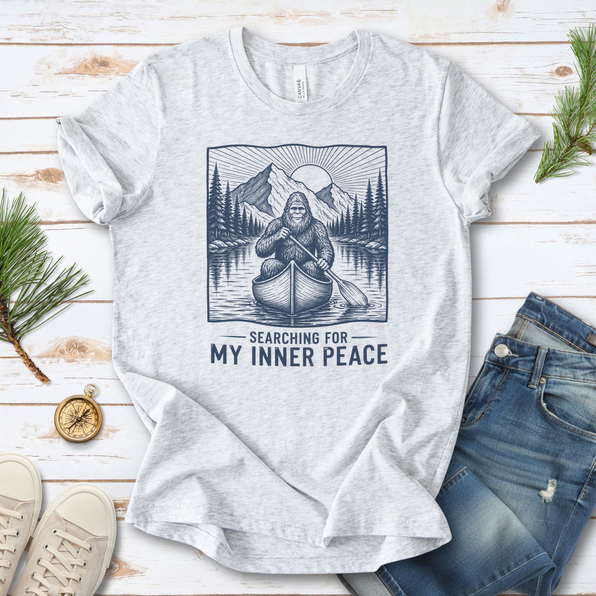 Bigfoot Inner Peace Canoe Sasquatch Lake Life Nature Therapy T-Shirt