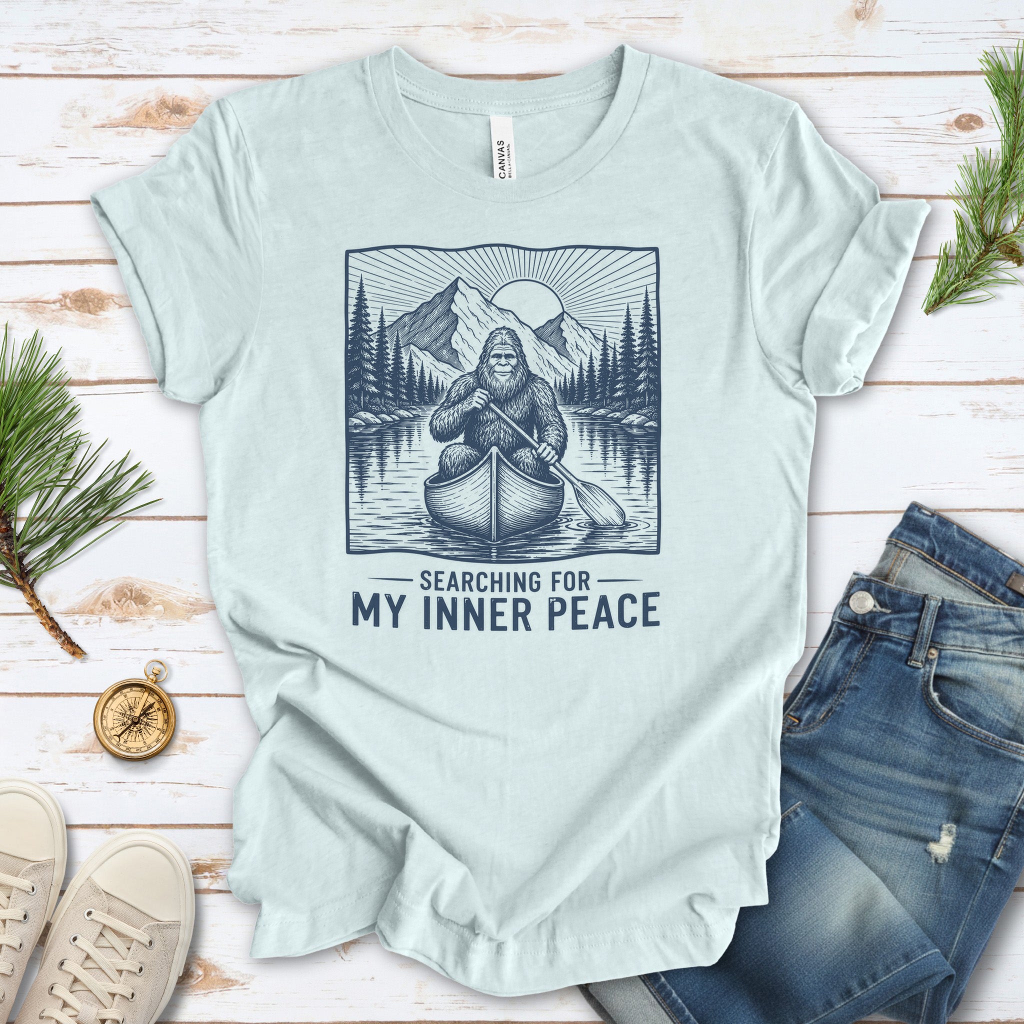 Bigfoot Inner Peace Canoe Sasquatch Lake Life Nature Therapy T-Shirt