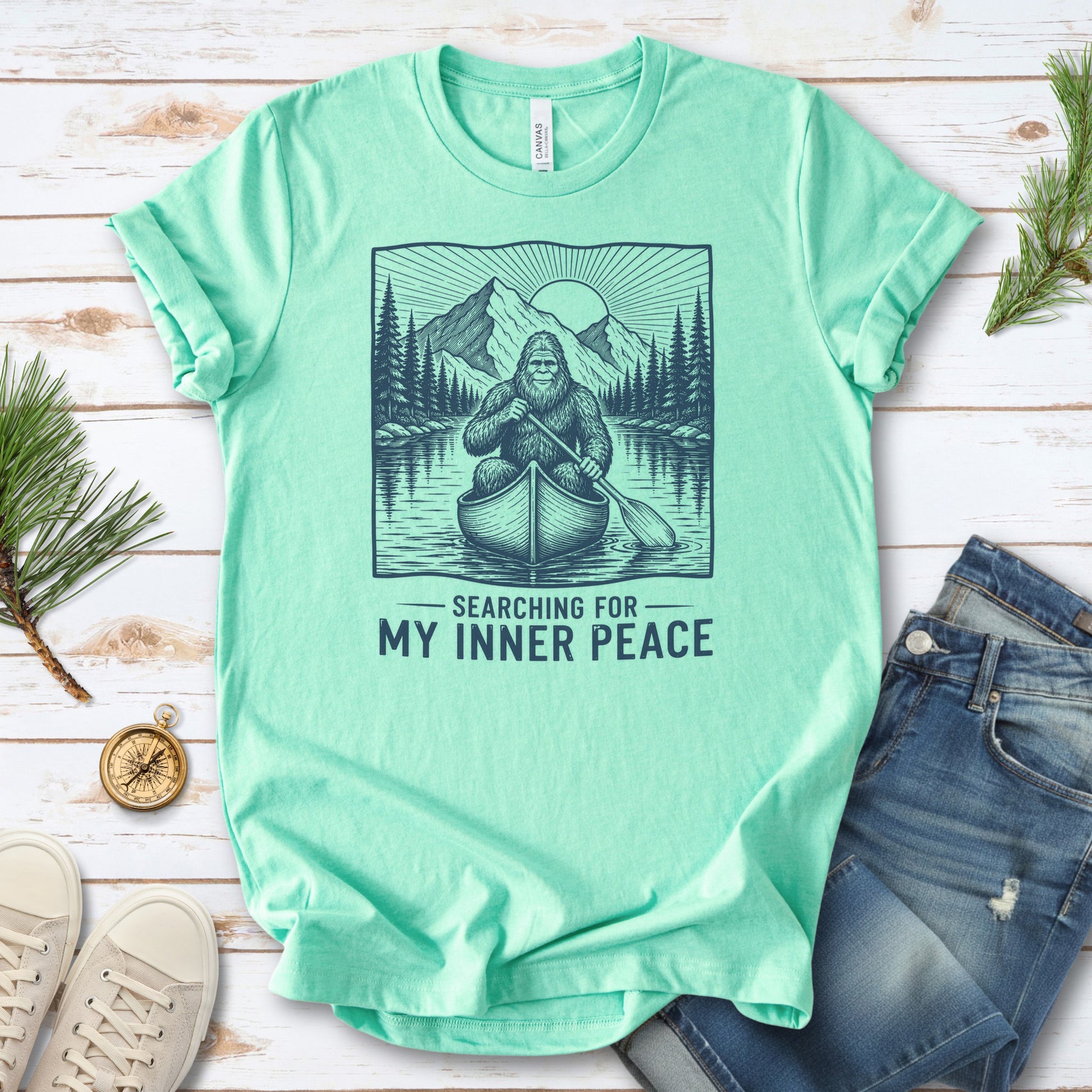 Bigfoot Inner Peace Canoe Sasquatch Lake Life Nature Therapy T-Shirt