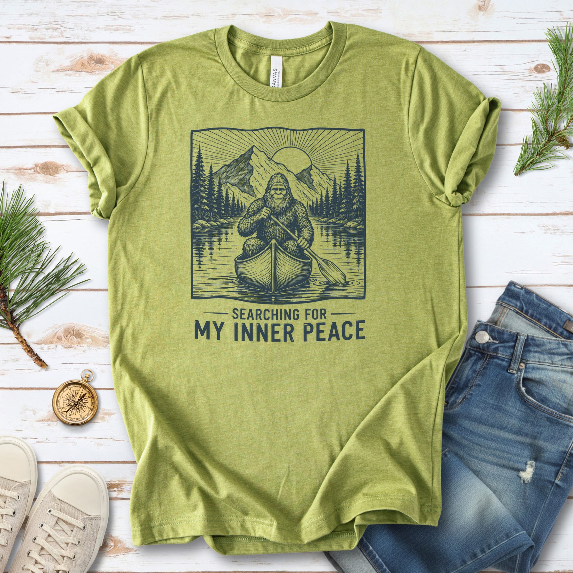 Bigfoot Inner Peace Canoe Sasquatch Lake Life Nature Therapy T-Shirt