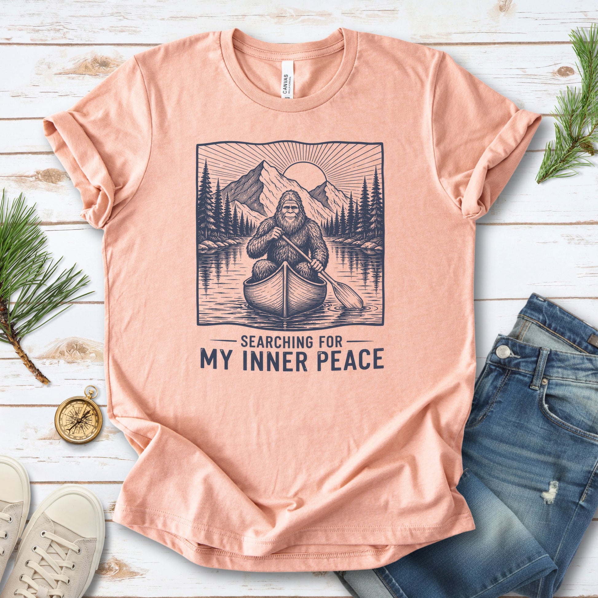 Bigfoot Inner Peace Canoe Sasquatch Lake Life Nature Therapy T-Shirt