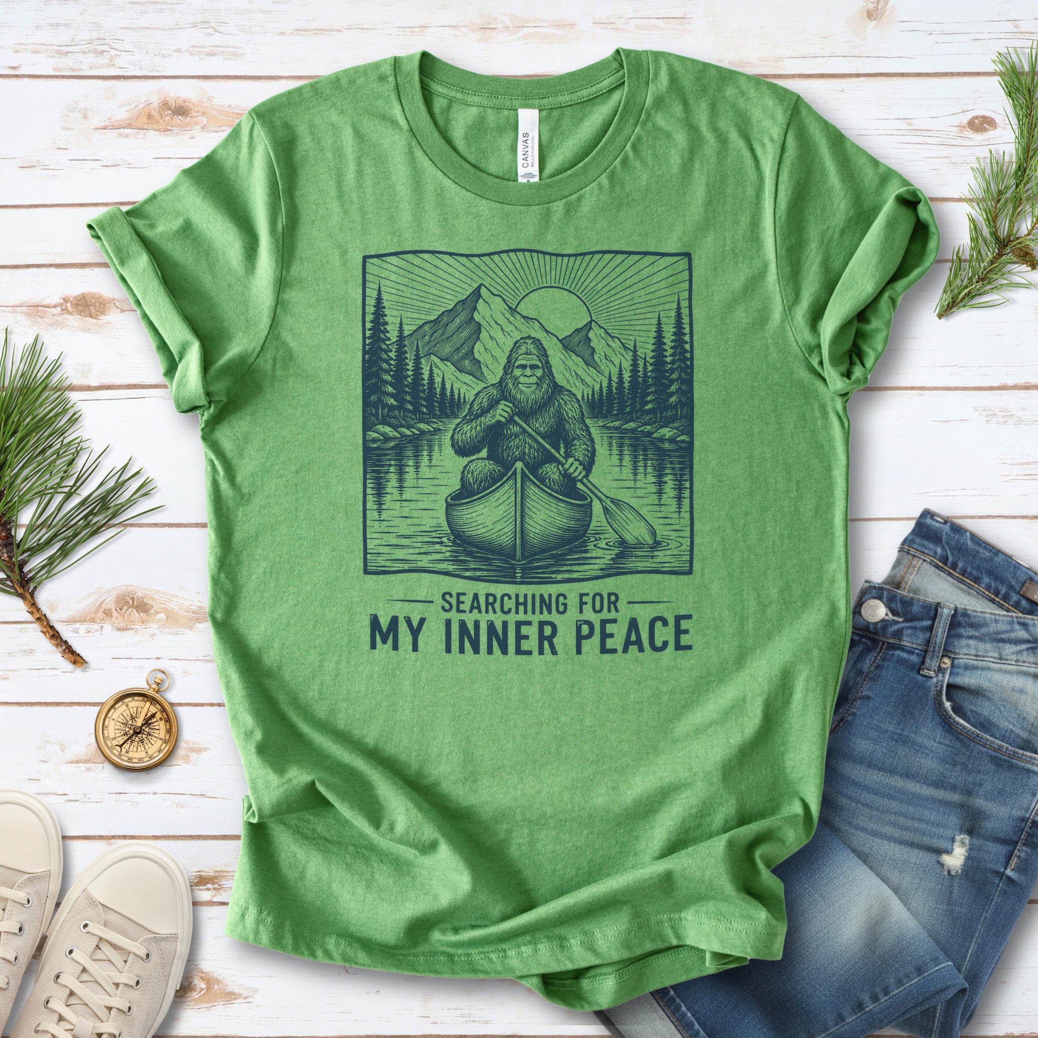 Bigfoot Inner Peace Canoe Sasquatch Lake Life Nature Therapy T-Shirt