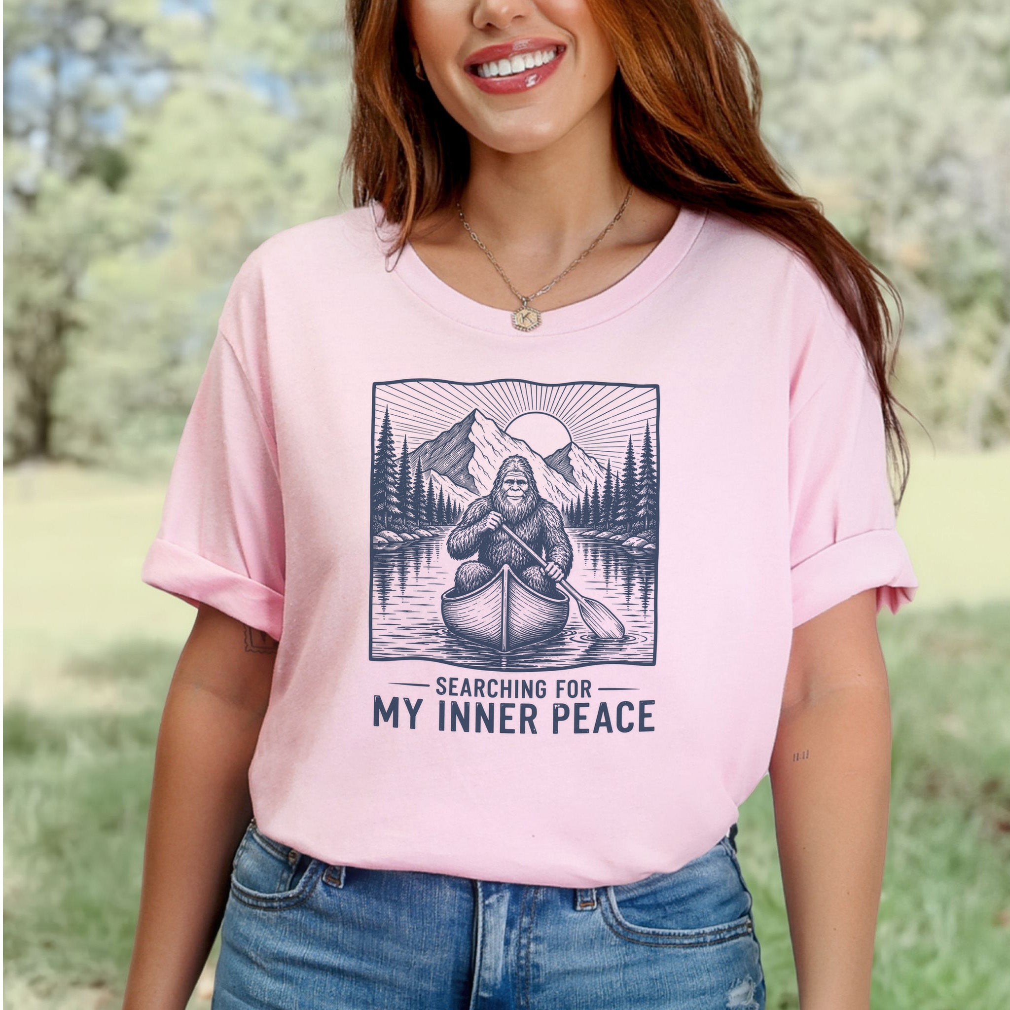 Bigfoot Inner Peace Canoe Sasquatch Lake Life Nature Therapy T-Shirt