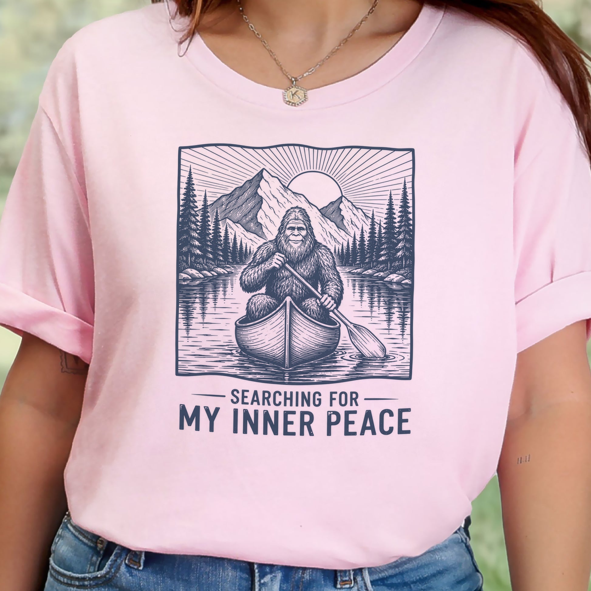 Bigfoot Inner Peace Canoe Sasquatch Lake Life Nature Therapy T-Shirt