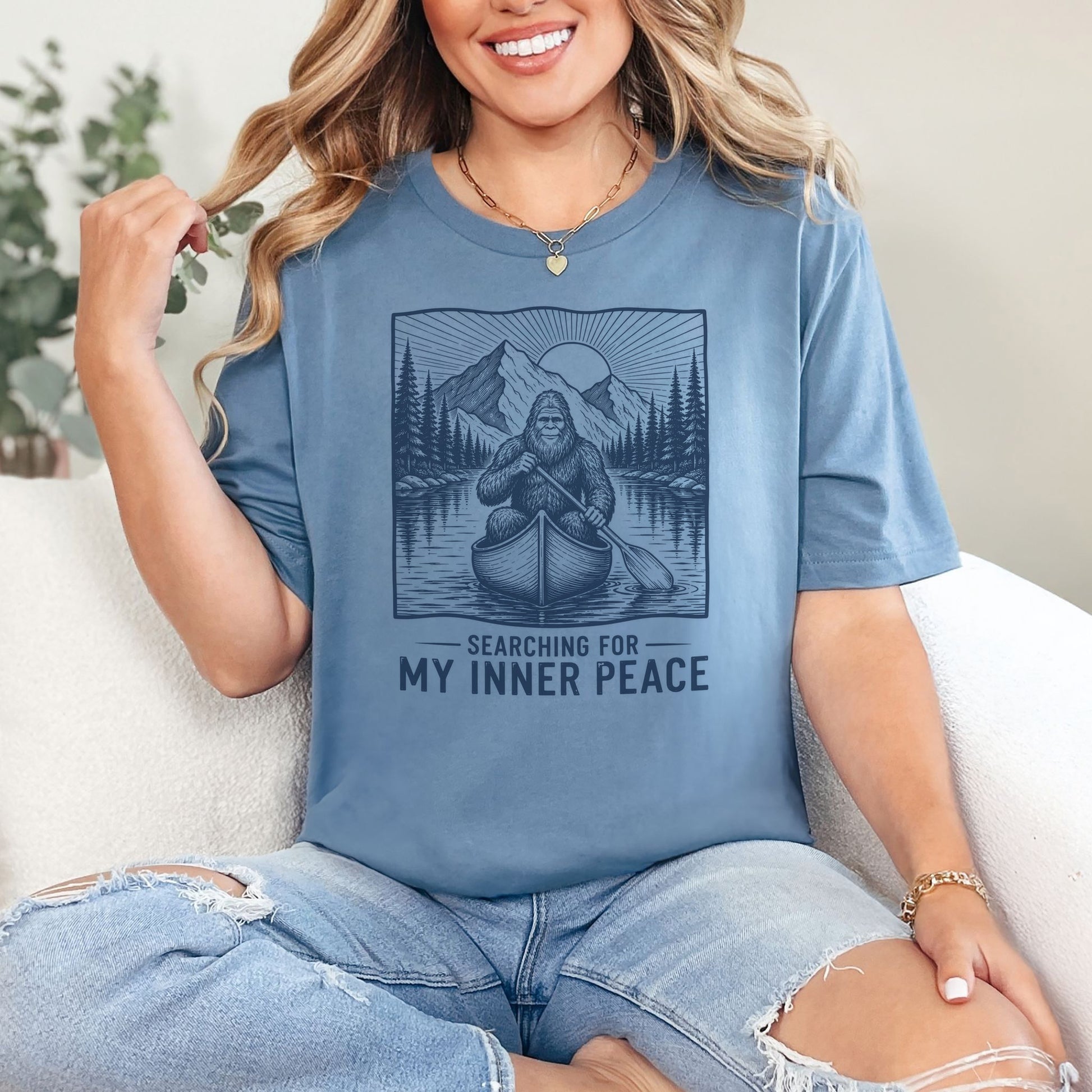 Bigfoot Inner Peace Canoe Sasquatch Lake Life Nature Therapy T-Shirt