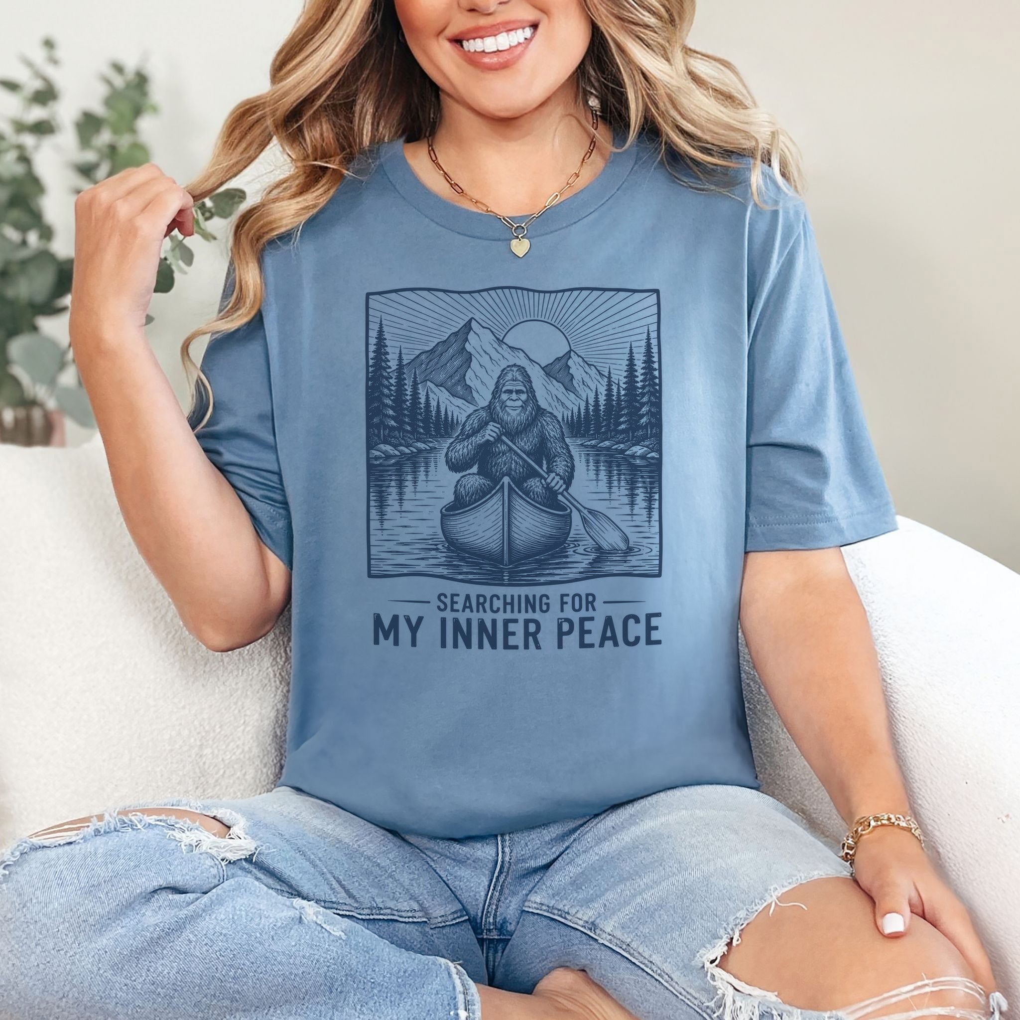 Bigfoot Inner Peace Canoe Sasquatch Lake Life Nature Therapy T-Shirt