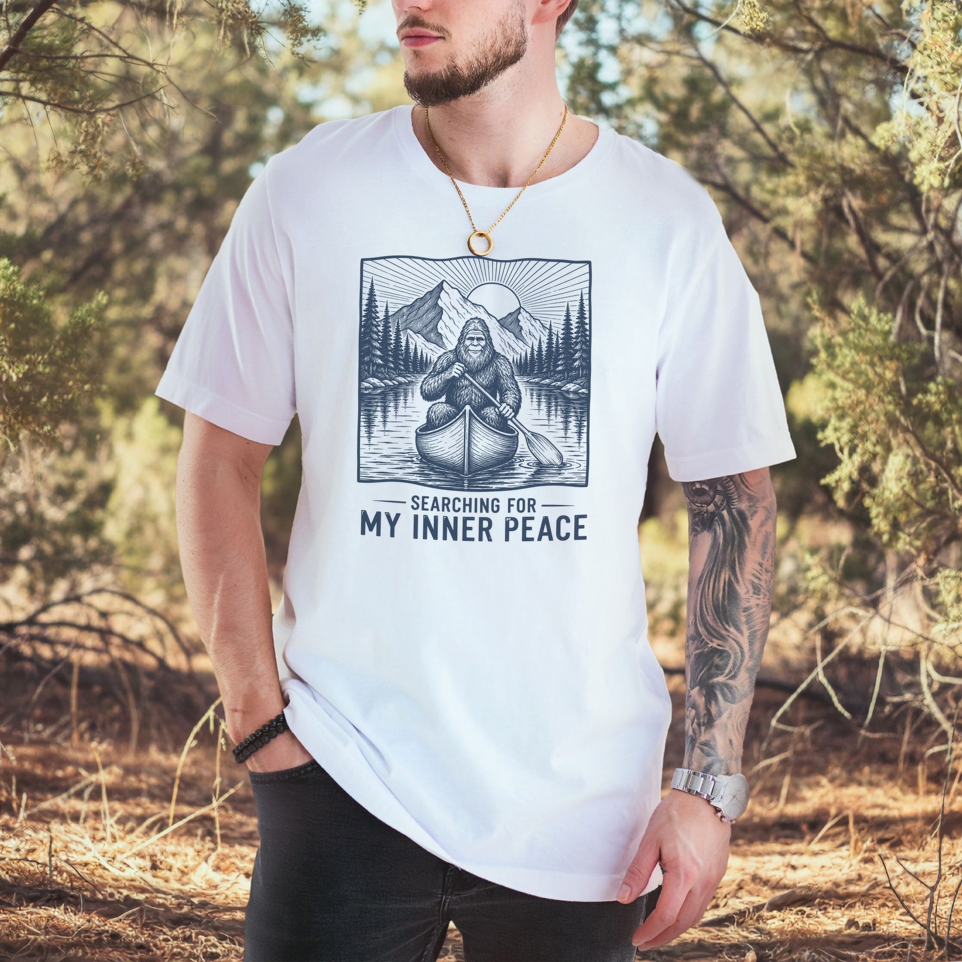 Bigfoot Inner Peace Canoe Sasquatch Lake Life Nature Therapy T-Shirt