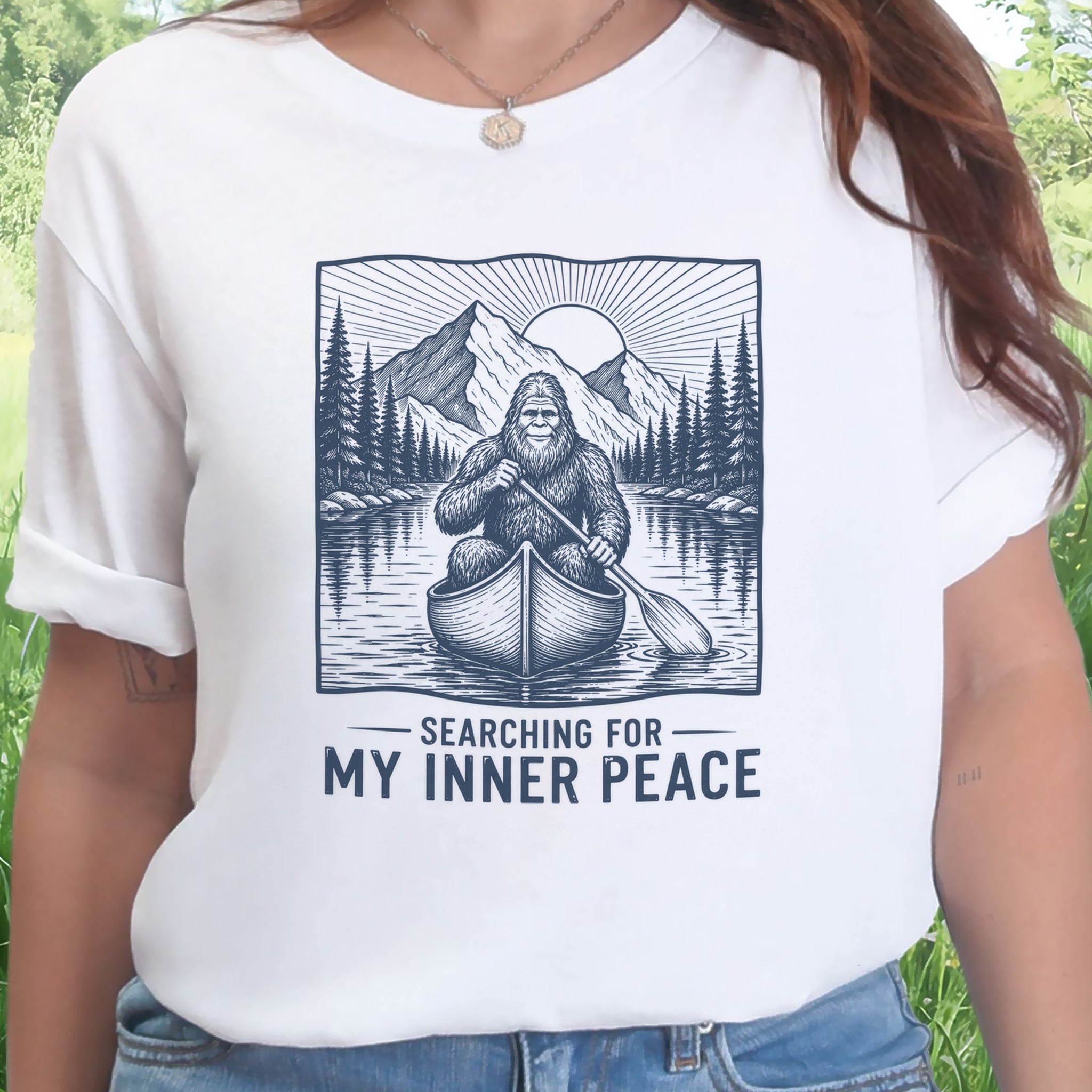 Bigfoot Inner Peace Canoe Sasquatch Lake Life Nature Therapy T-Shirt