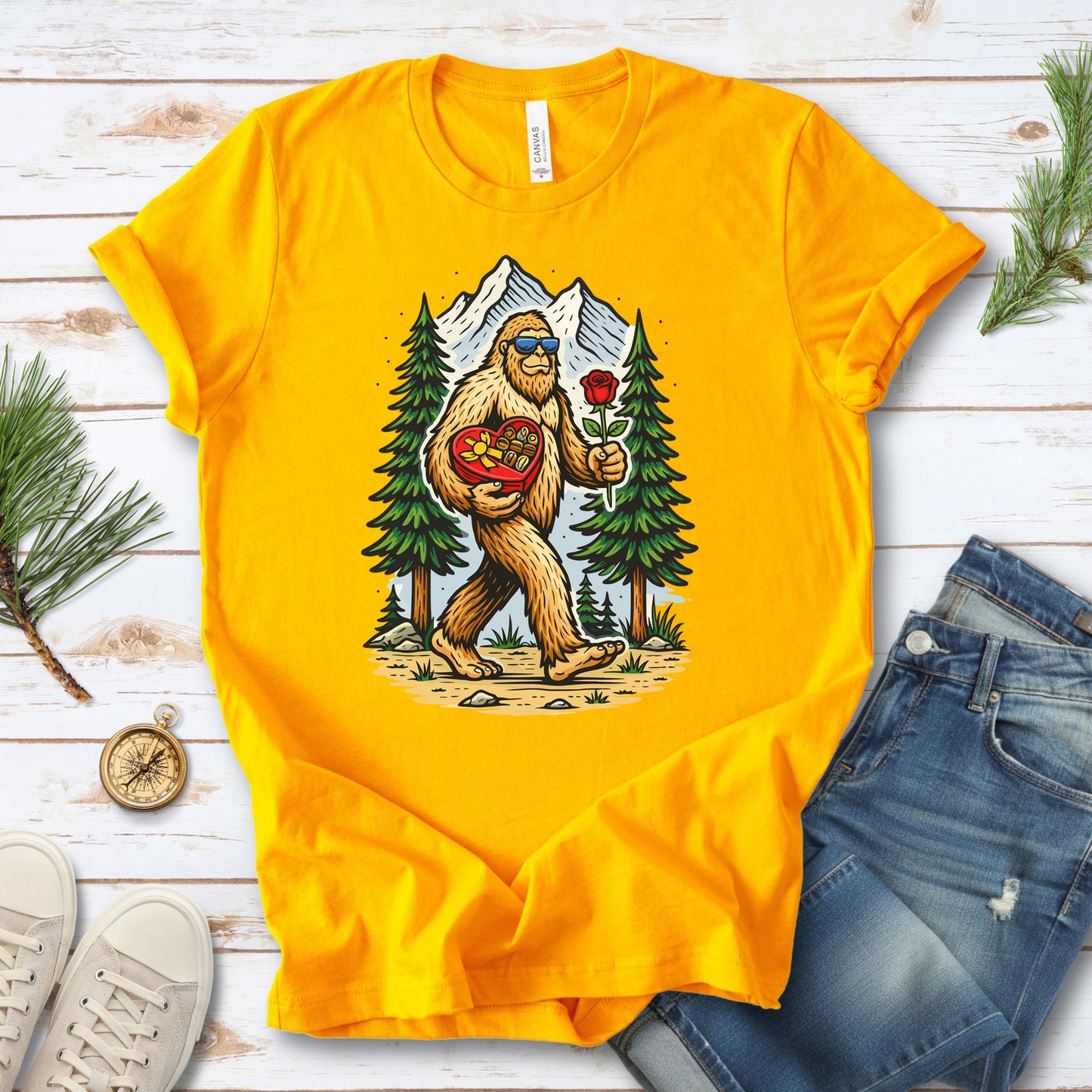 Bigfoot Valentine Retro Forest Love Adventure T-Shirt