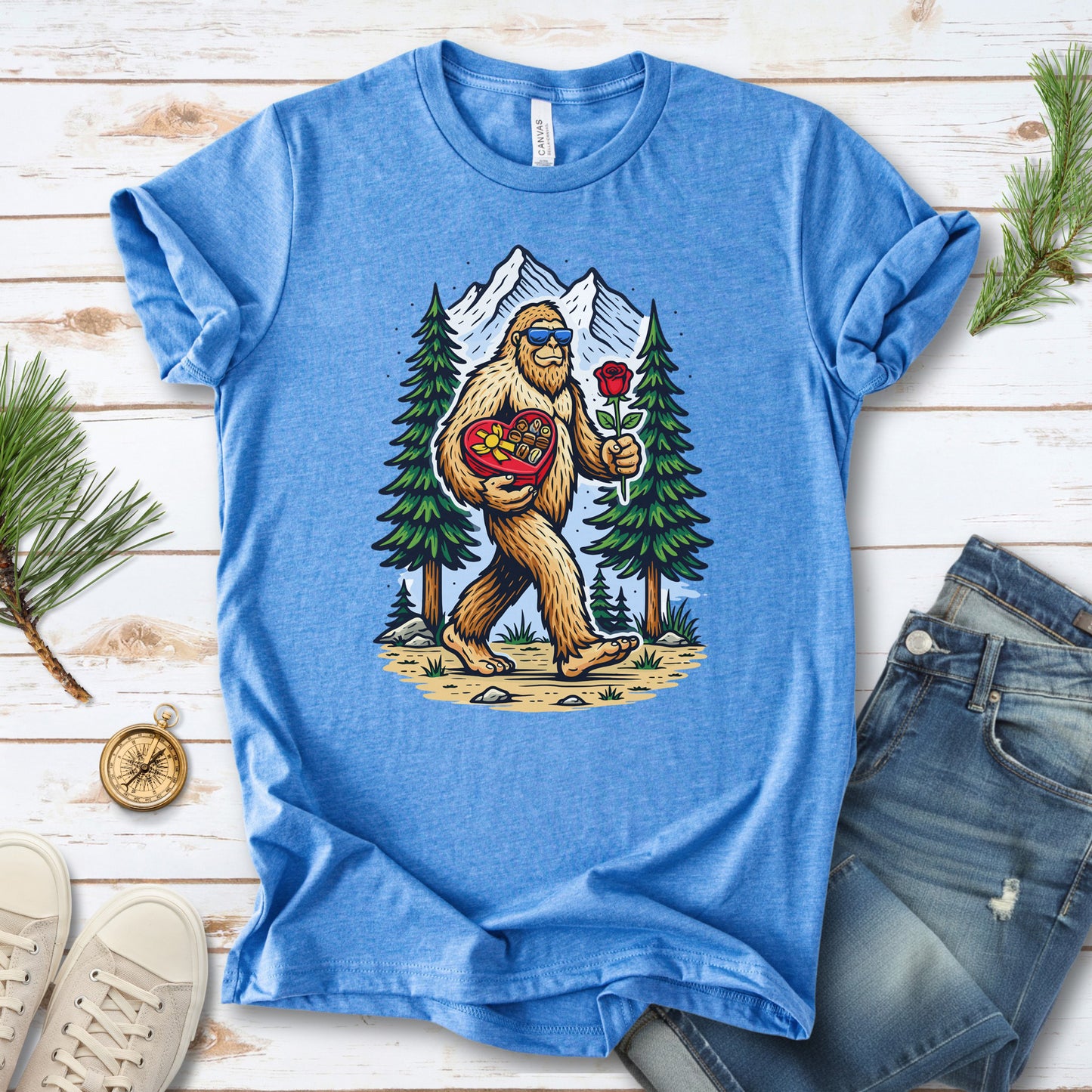 Bigfoot Valentine Retro Forest Love Adventure T-Shirt