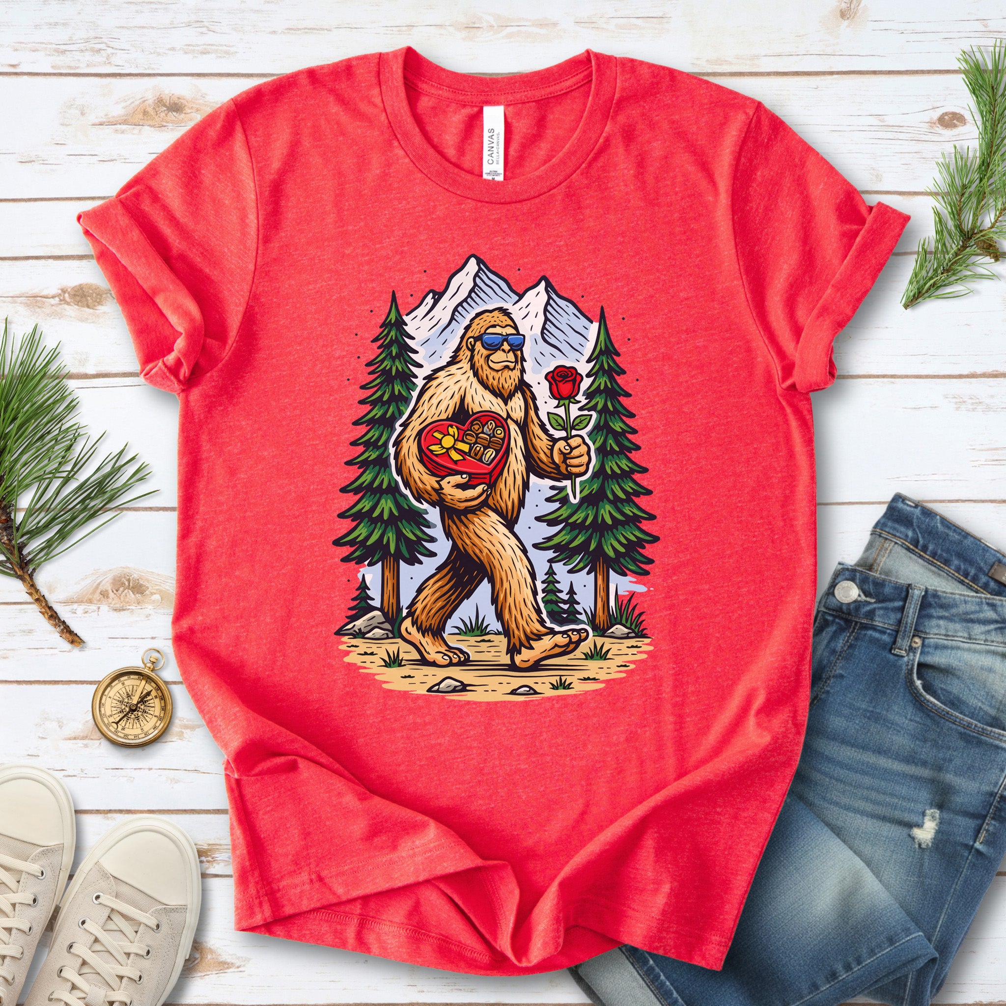 Bigfoot Valentine Retro Forest Love Adventure T-Shirt