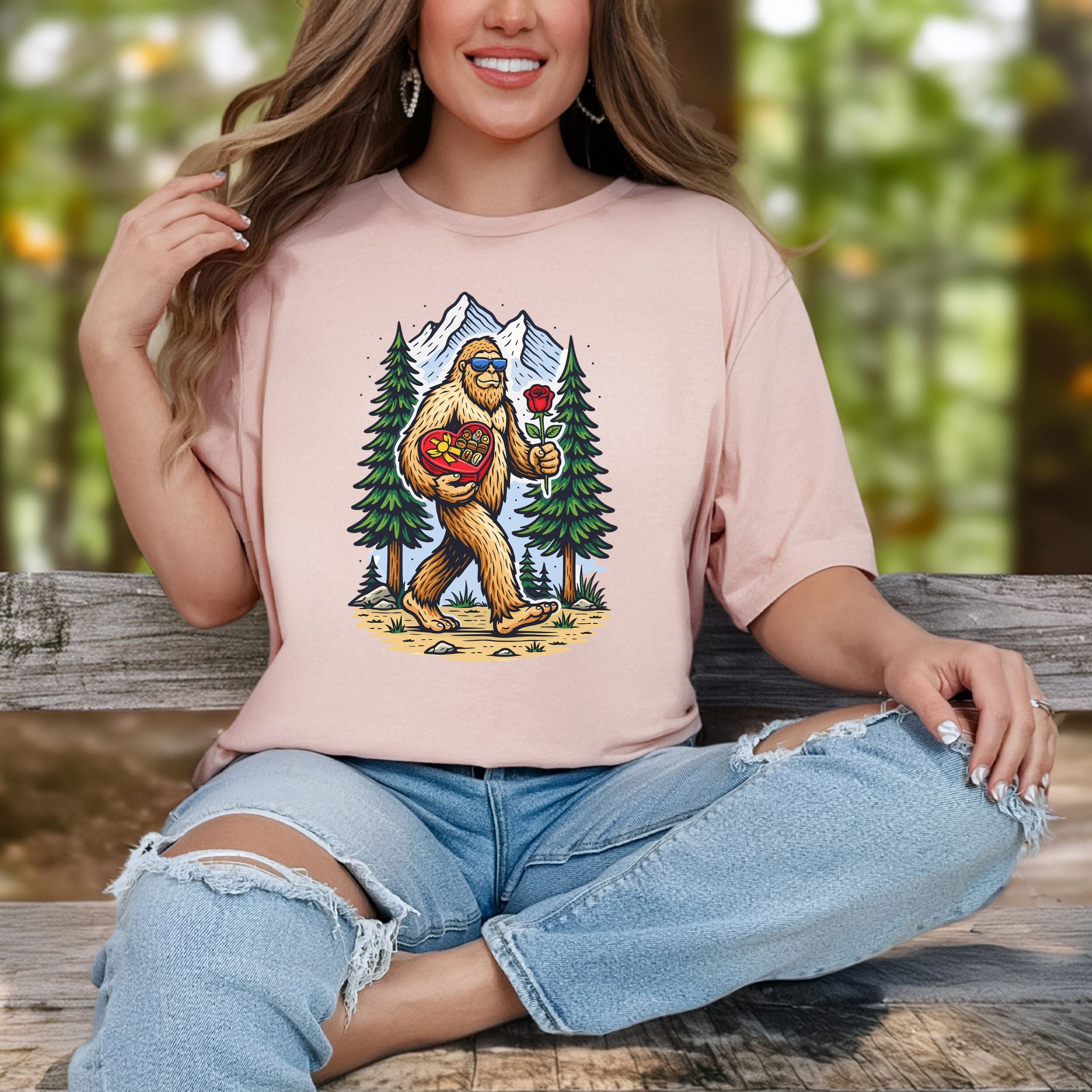 Bigfoot Valentine Retro Forest Love Adventure T-Shirt