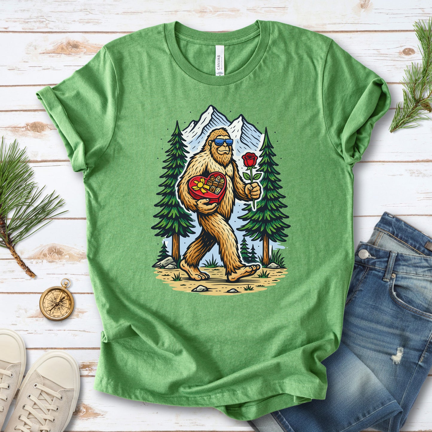 Bigfoot Valentine Retro Forest Love Adventure T-Shirt