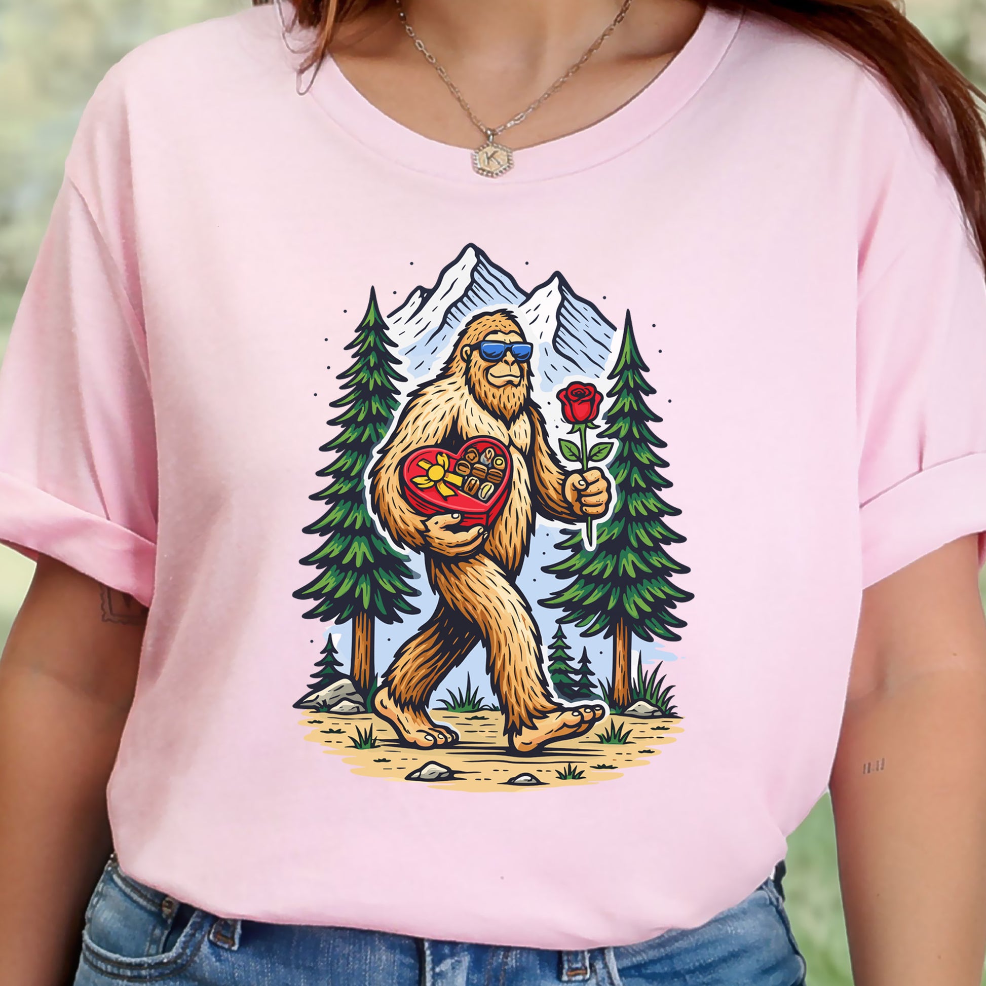 Bigfoot Valentine Retro Forest Love Adventure T-Shirt