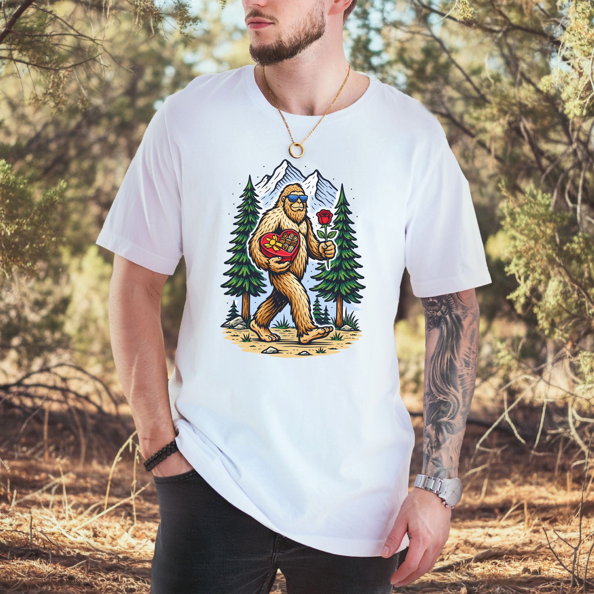 Bigfoot Valentine Retro Forest Love Adventure T-Shirt