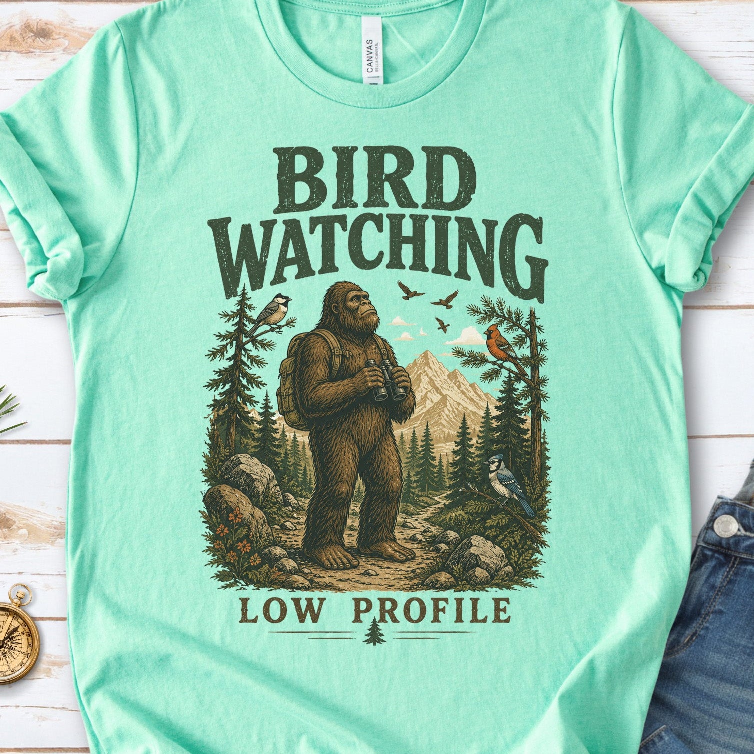 Bird Watching Low Profile Bigfoot Sasquatch Birding Humor T-Shirt