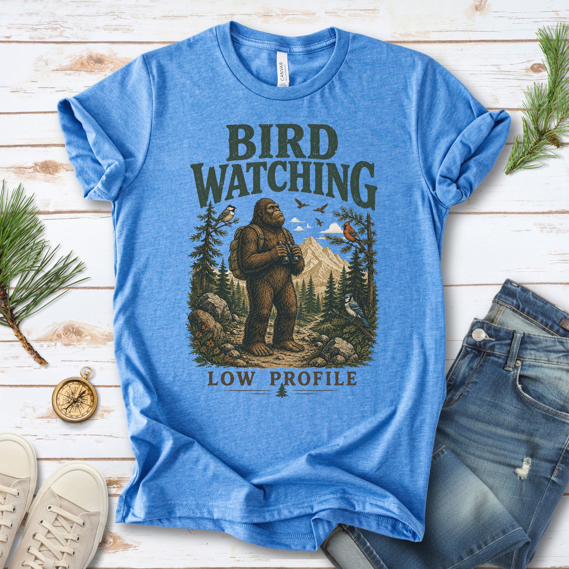 Bird Watching Low Profile Bigfoot Sasquatch Birding Humor T-Shirt