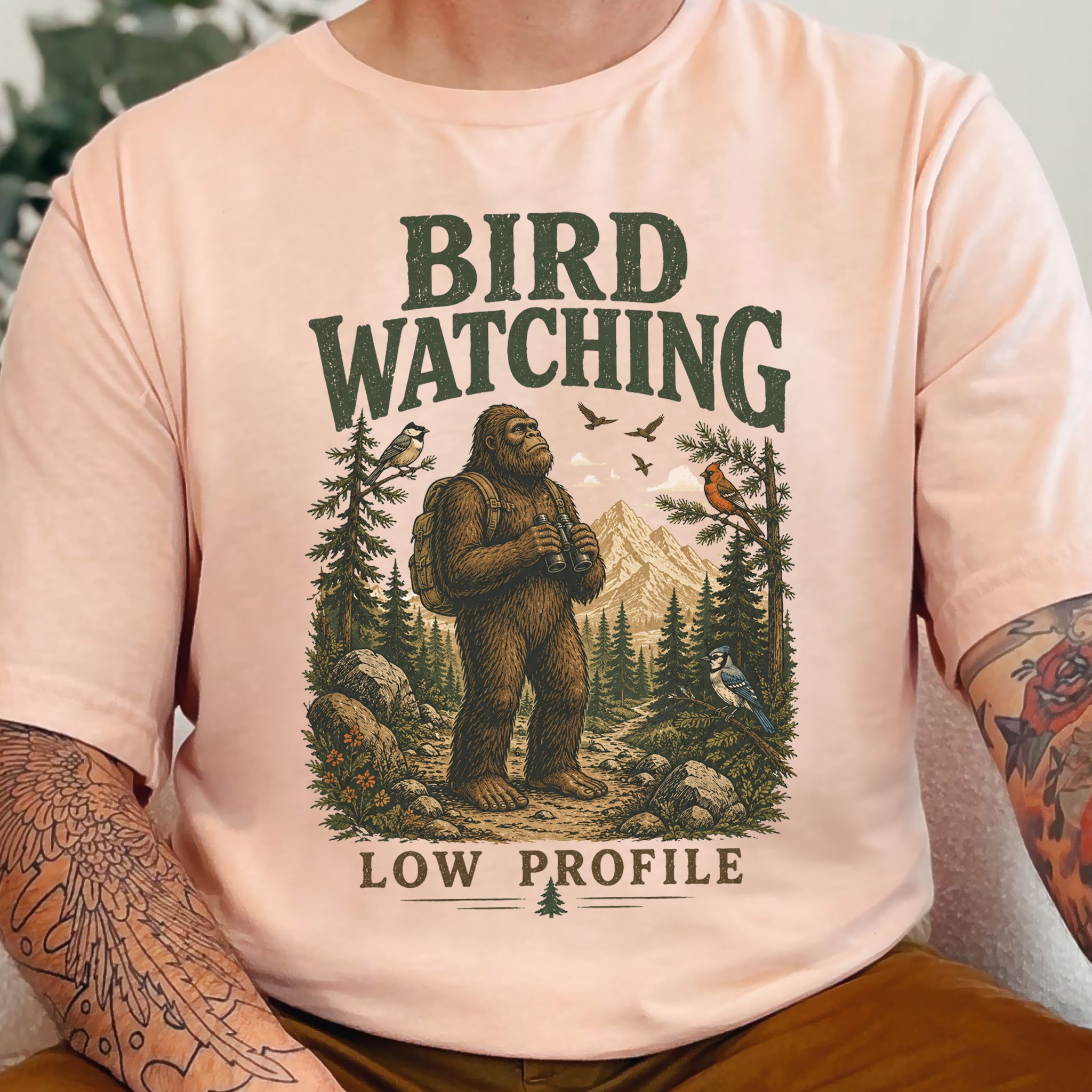 Bird Watching Low Profile Bigfoot Sasquatch Birding Humor T-Shirt