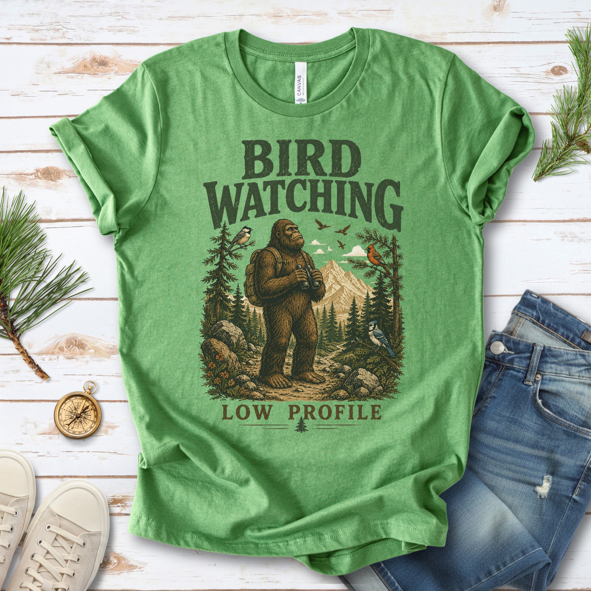 Bird Watching Low Profile Bigfoot Sasquatch Birding Humor T-Shirt