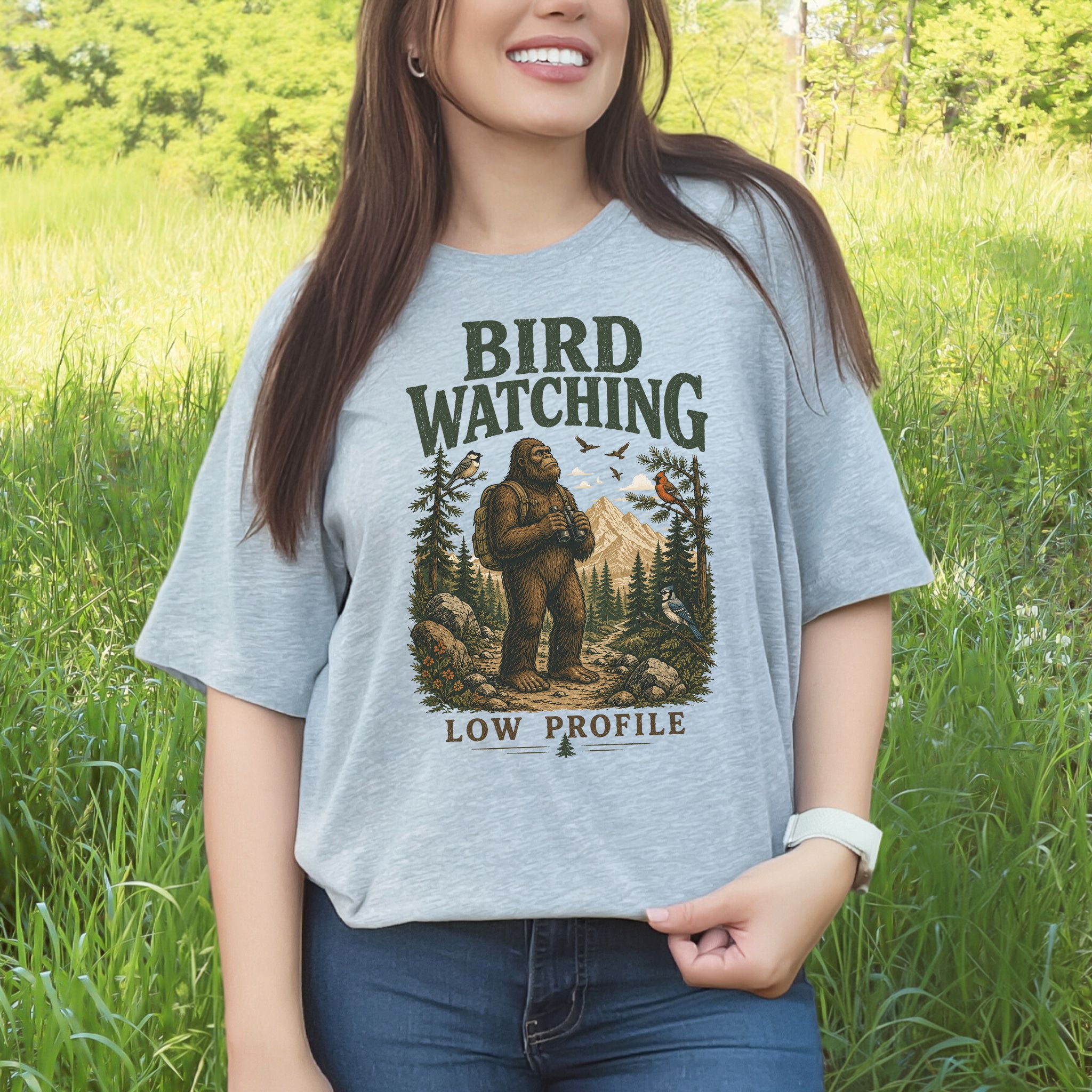 Bird Watching Low Profile Bigfoot Sasquatch Birding Humor T-Shirt