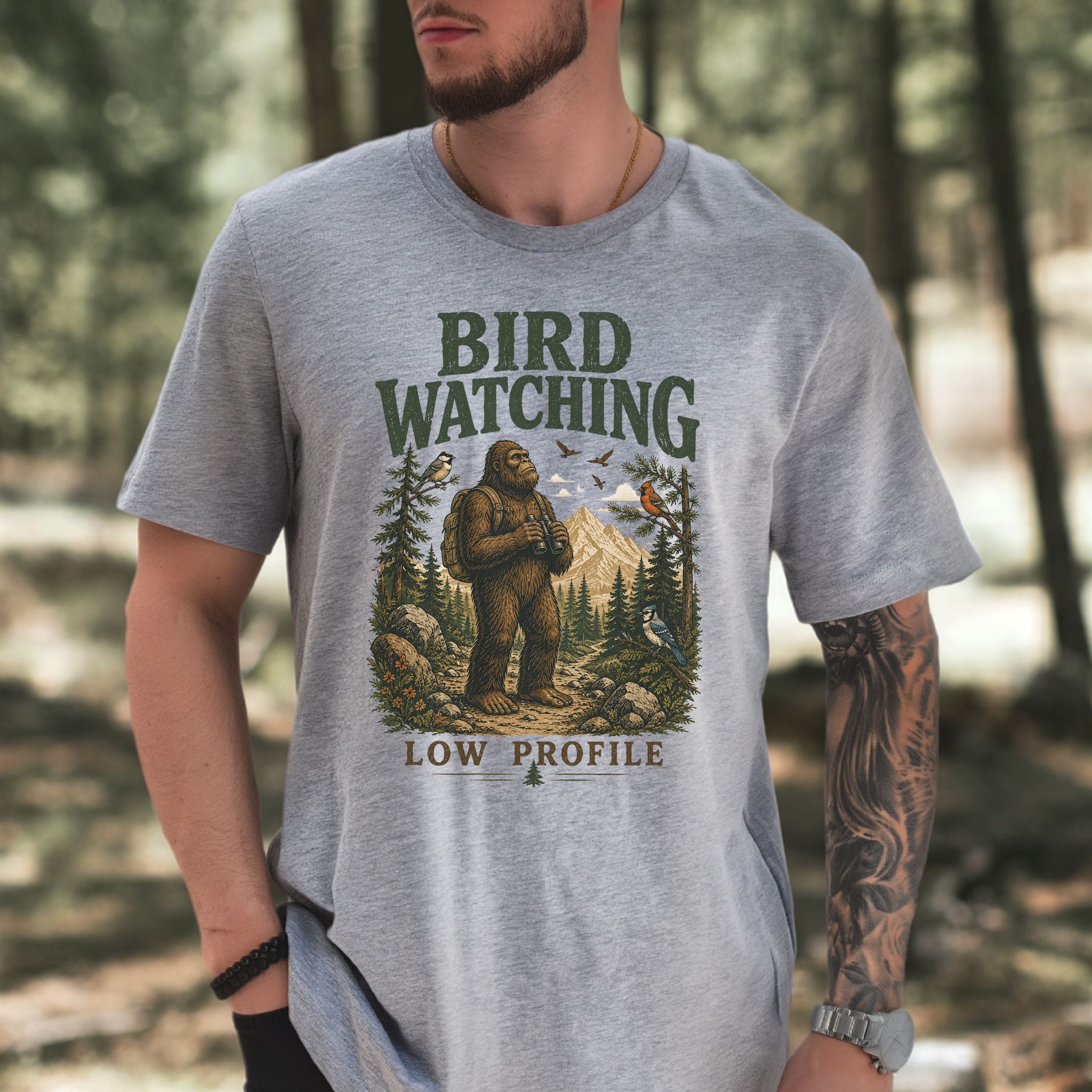 Bird Watching Low Profile Bigfoot Sasquatch Birding Humor T-Shirt
