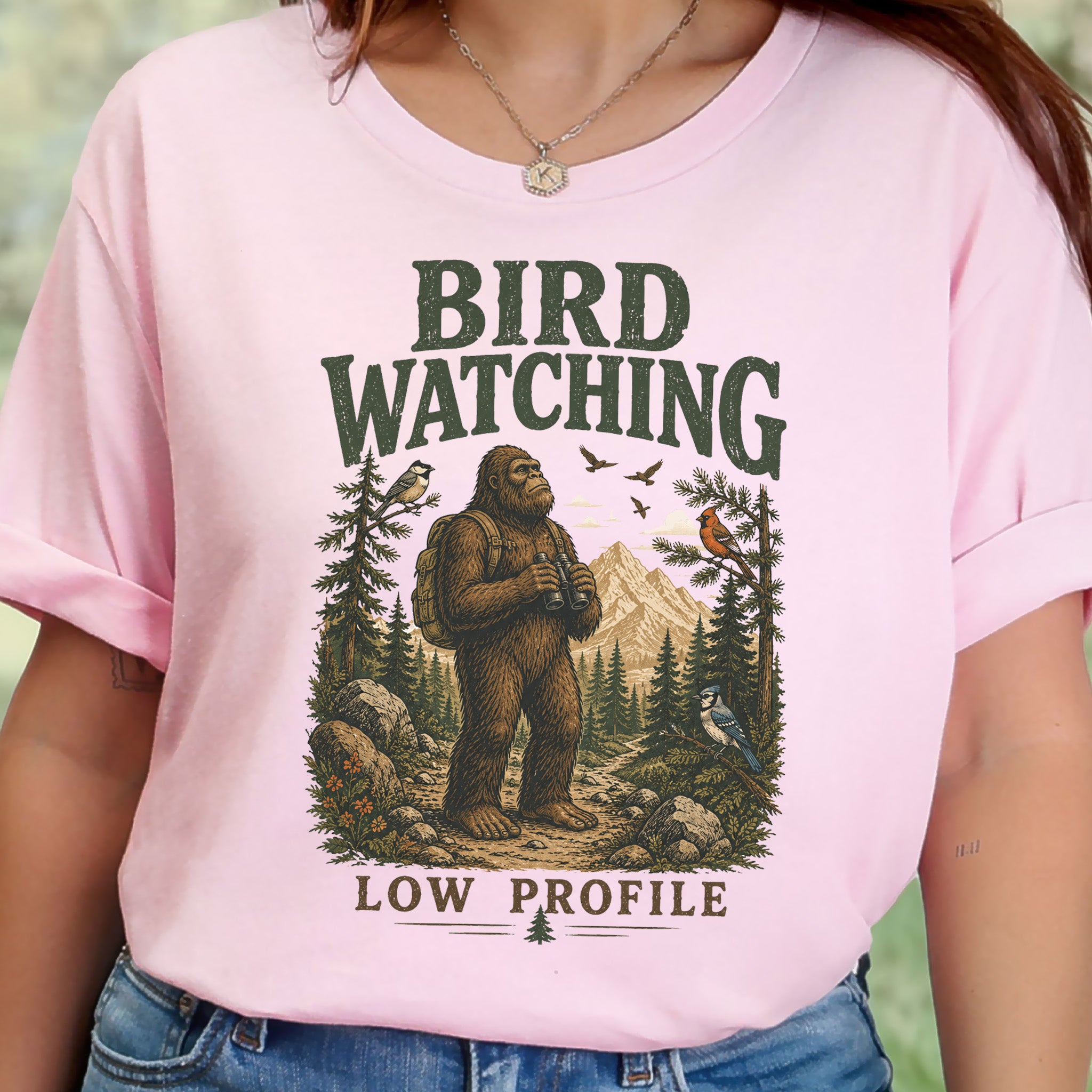 Bird Watching Low Profile Bigfoot Sasquatch Birding Humor T-Shirt