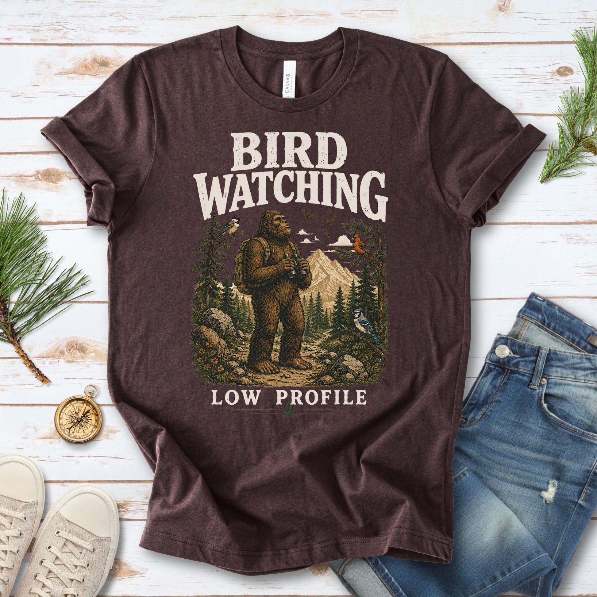Bird Watching Low Profile Bigfoot Sasquatch Birding Humor T-Shirt