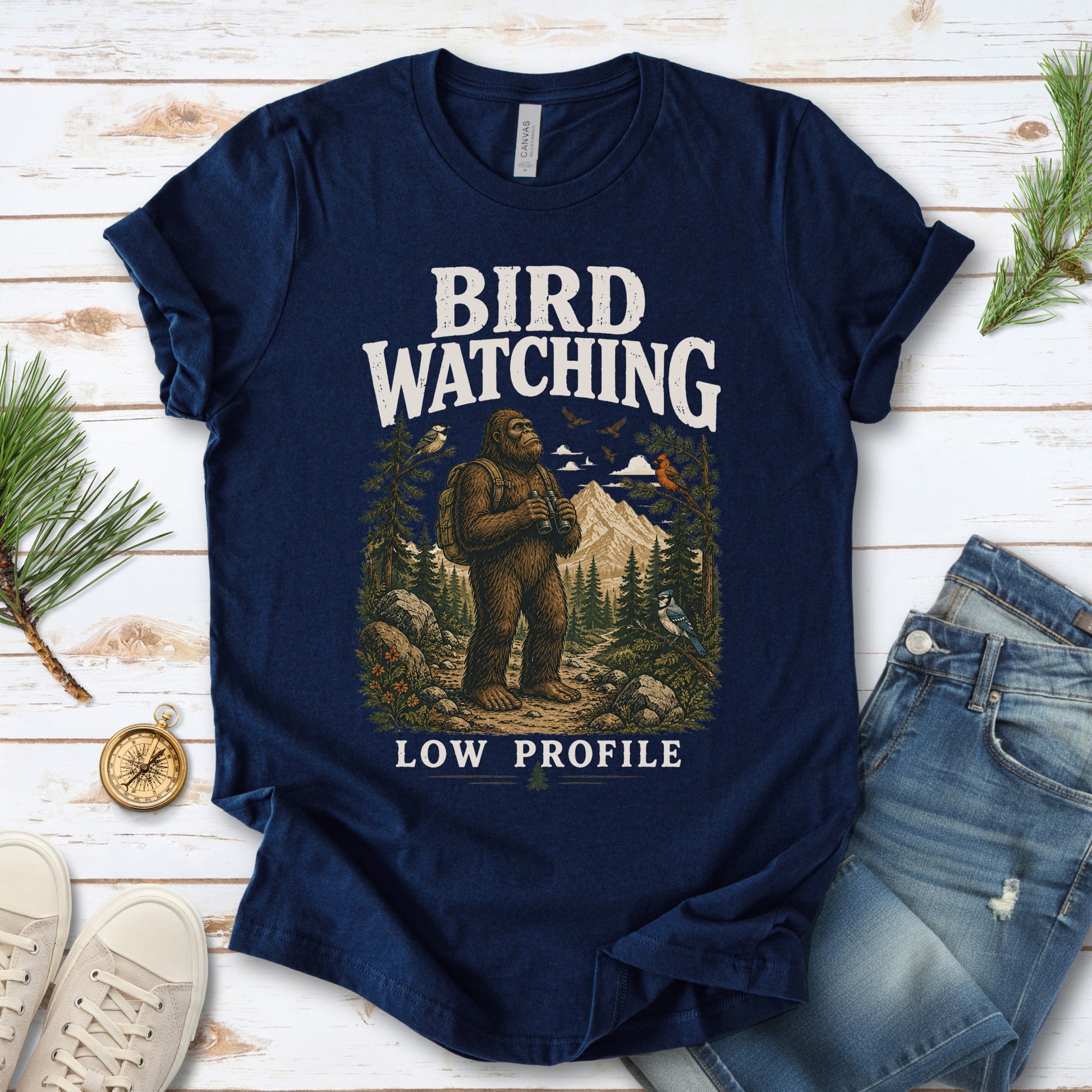 Bird Watching Low Profile Bigfoot Sasquatch Birding Humor T-Shirt