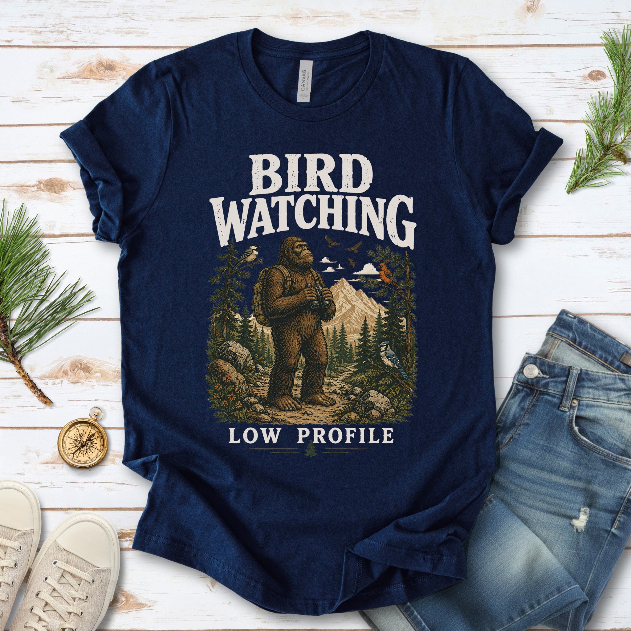 Bird Watching Low Profile Bigfoot Sasquatch Birding Humor T-Shirt