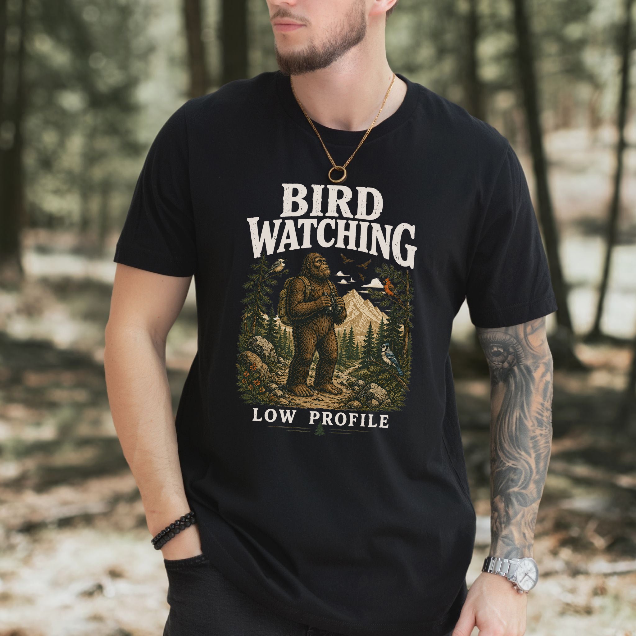 Bird Watching Low Profile Bigfoot Sasquatch Birding Humor T-Shirt