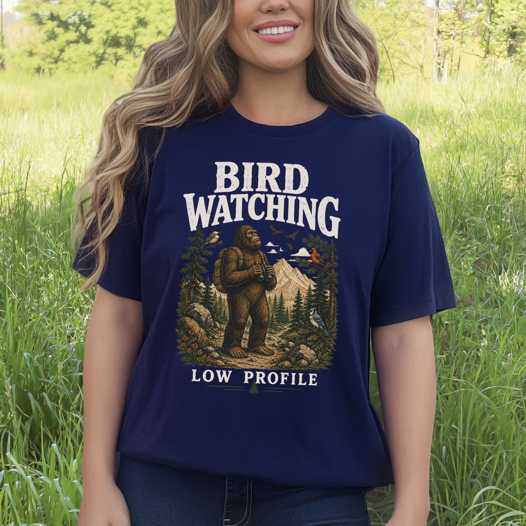 Bird Watching Low Profile Bigfoot Sasquatch Birding Humor T-Shirt