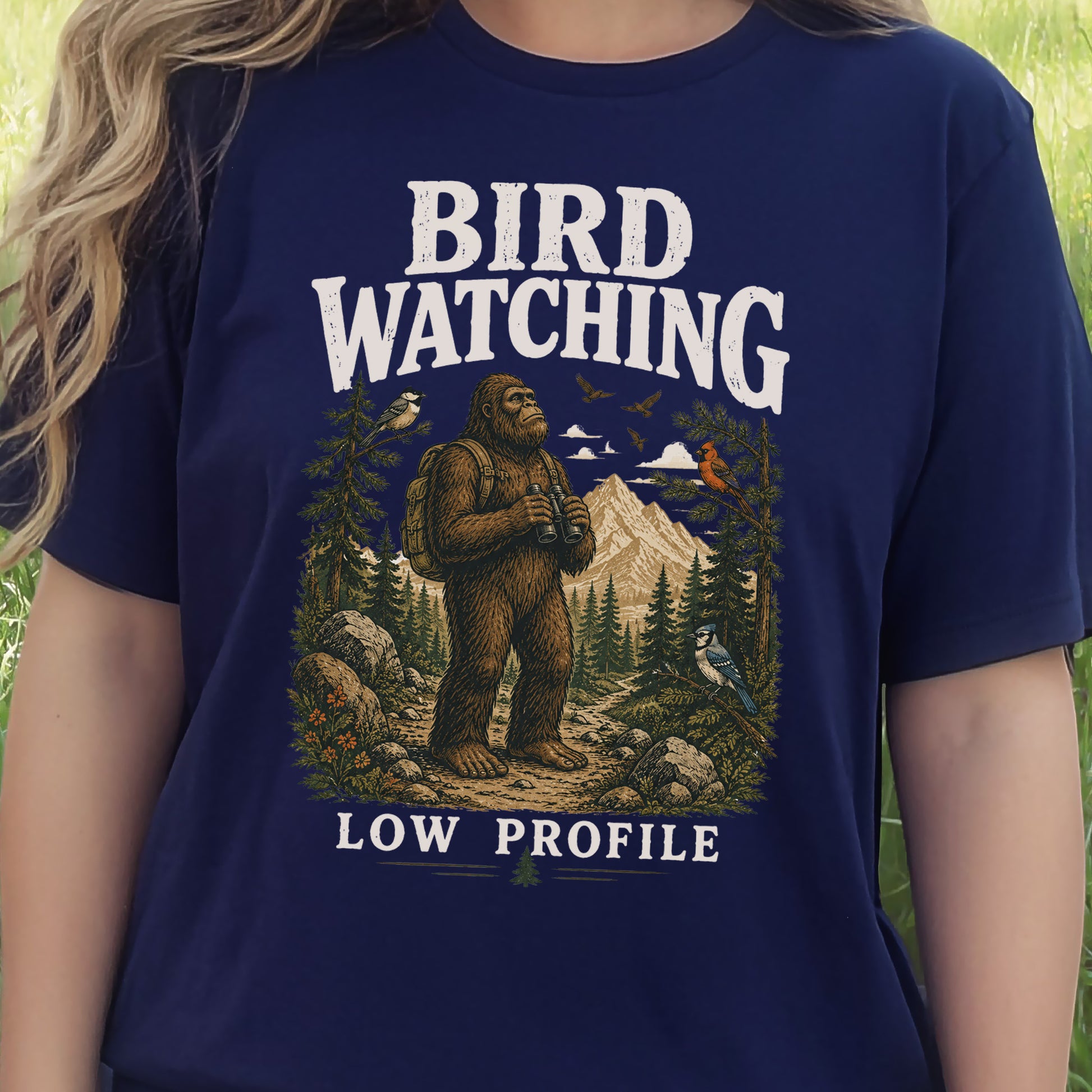 Bird Watching Low Profile Bigfoot Sasquatch Birding Humor T-Shirt