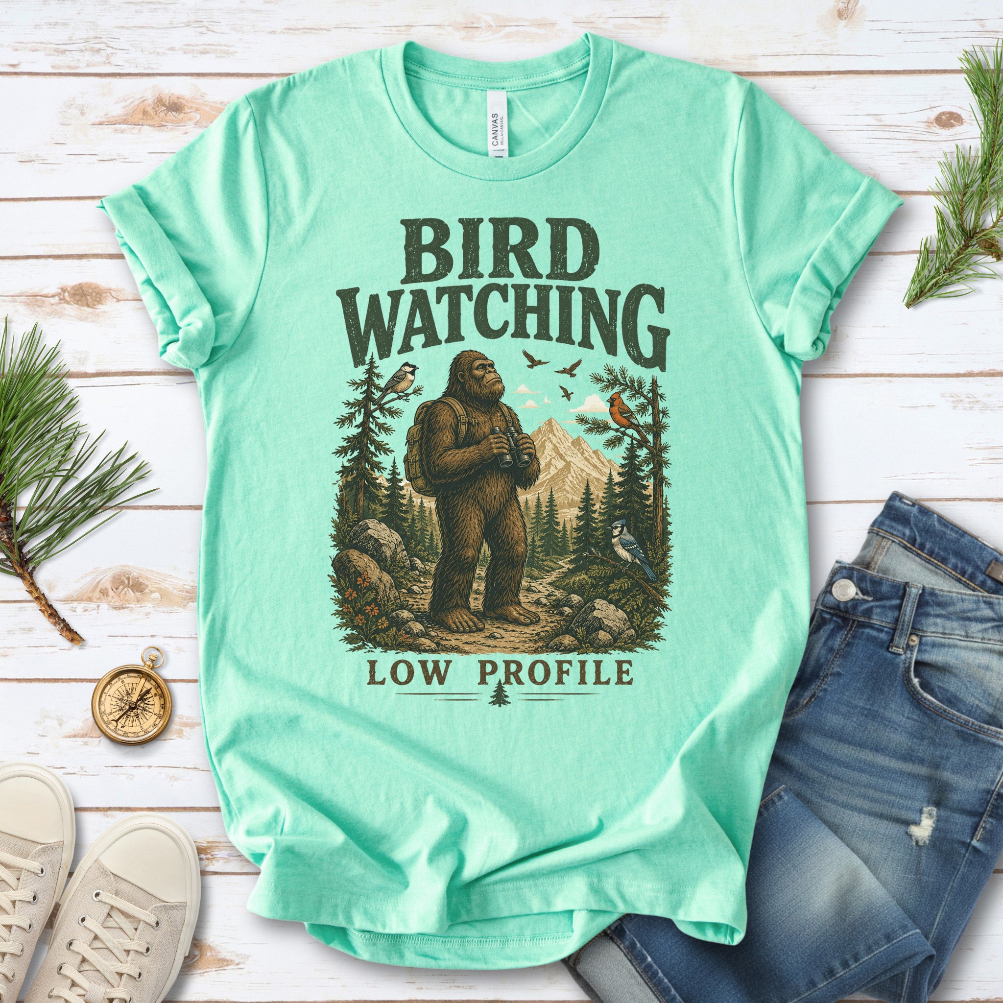 Bird Watching Low Profile Bigfoot Sasquatch Birding Humor T-Shirt