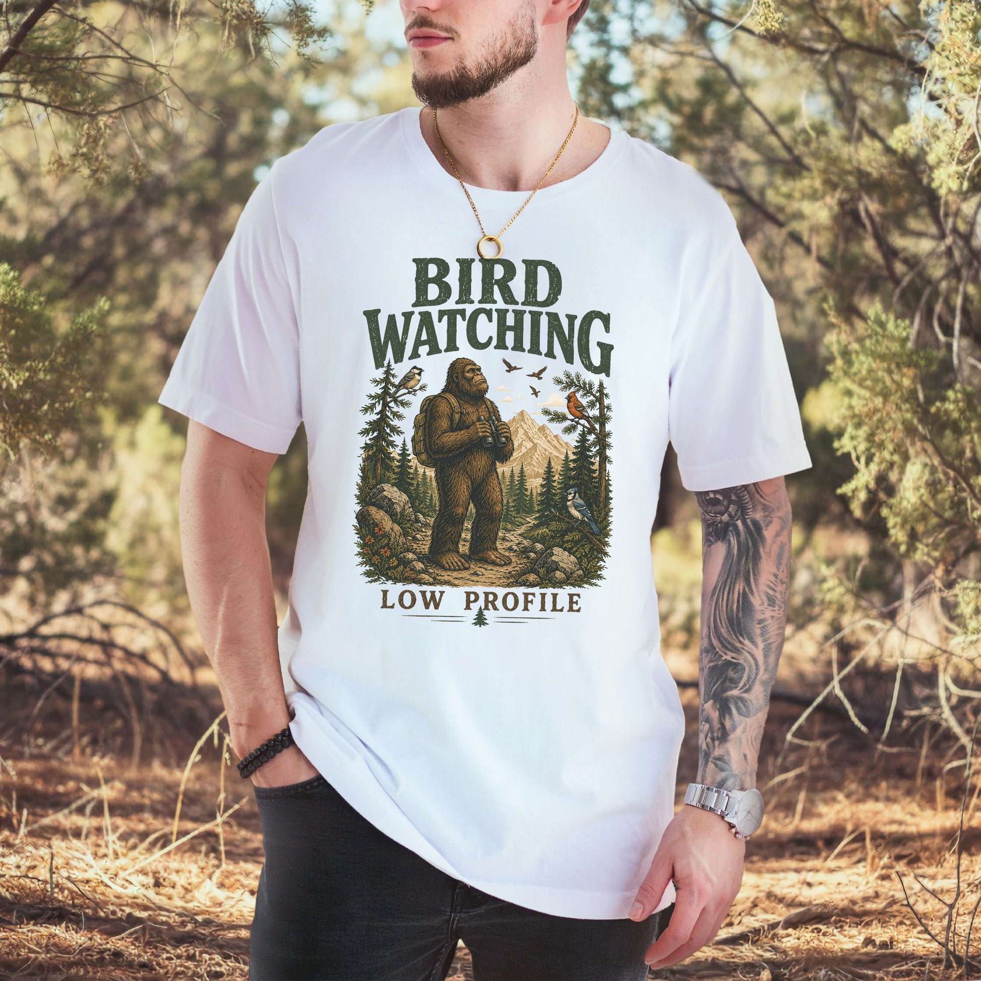 Bird Watching Low Profile Bigfoot Sasquatch Birding Humor T-Shirt