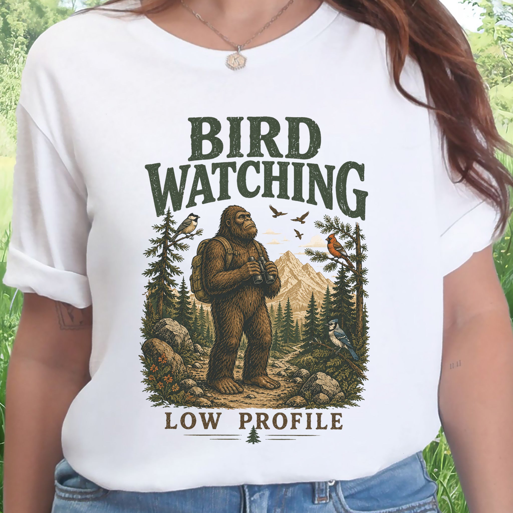 Bird Watching Low Profile Bigfoot Sasquatch Birding Humor T-Shirt
