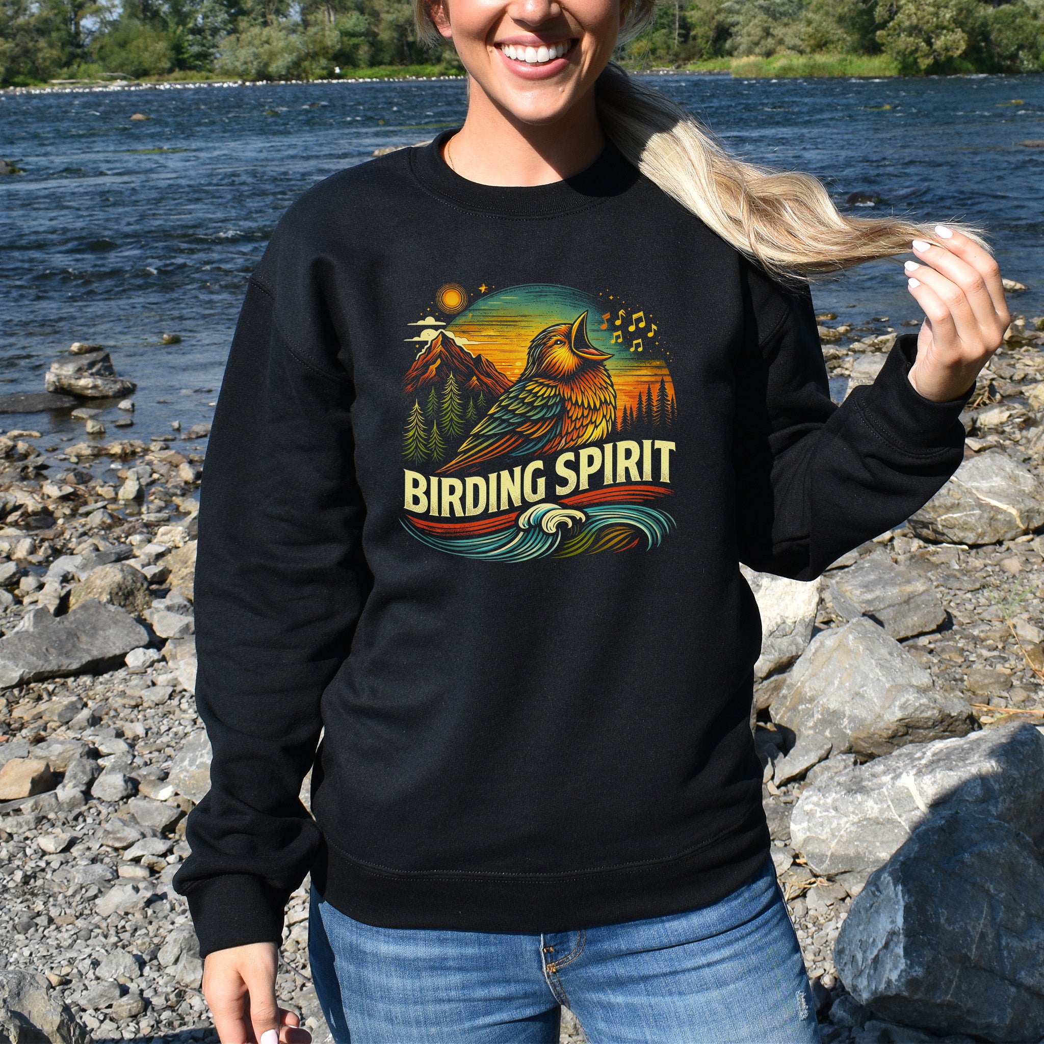 Birding Spirit Retro Mountain Sunset Singing Bird Sweatshirt