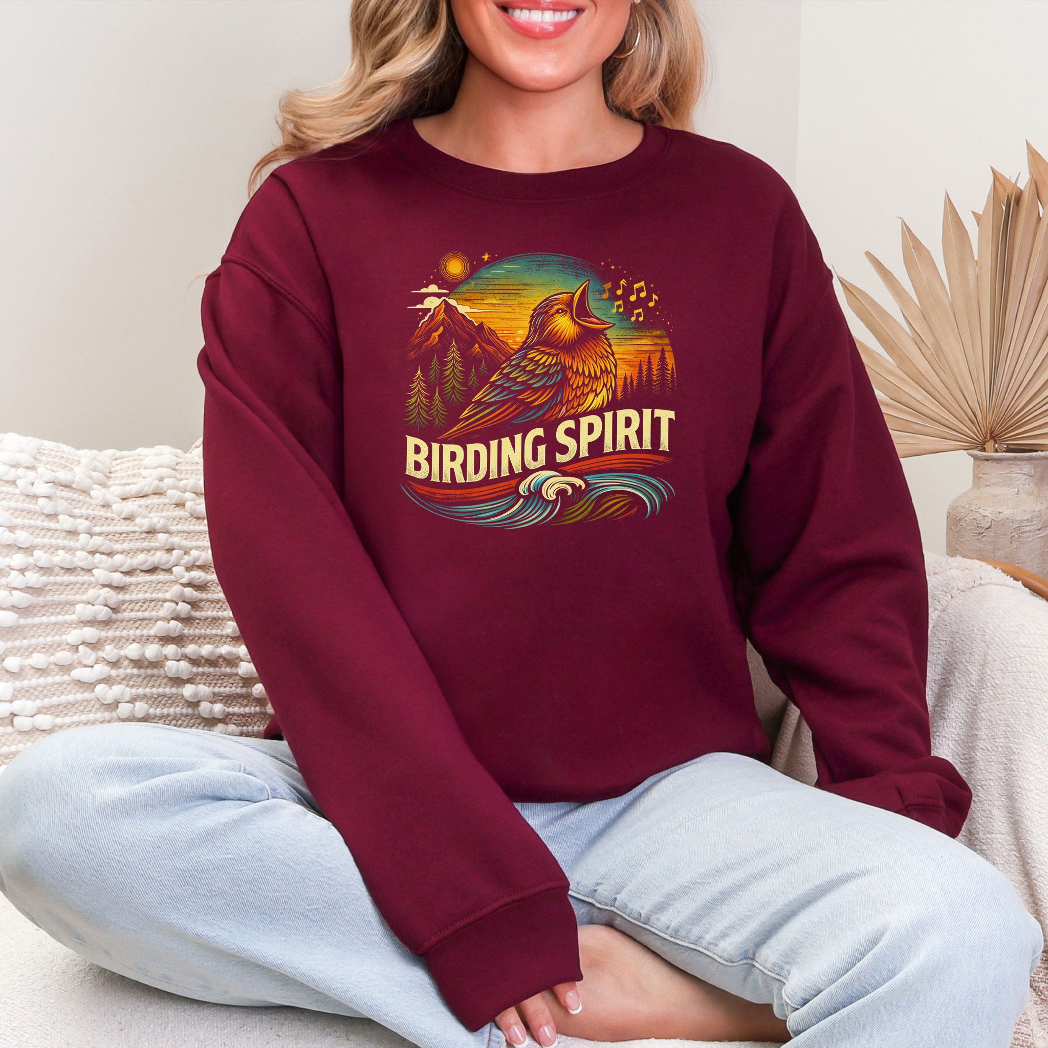 Birding Spirit Retro Mountain Sunset Singing Bird Sweatshirt