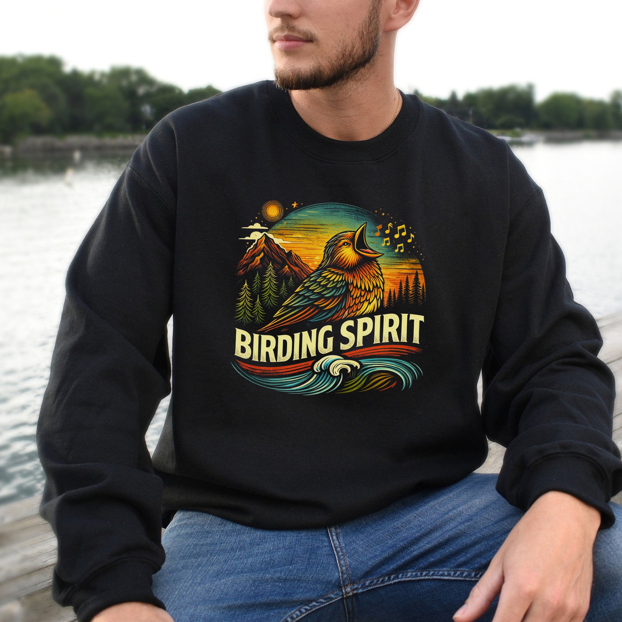 Birding Spirit Retro Mountain Sunset Singing Bird Sweatshirt
