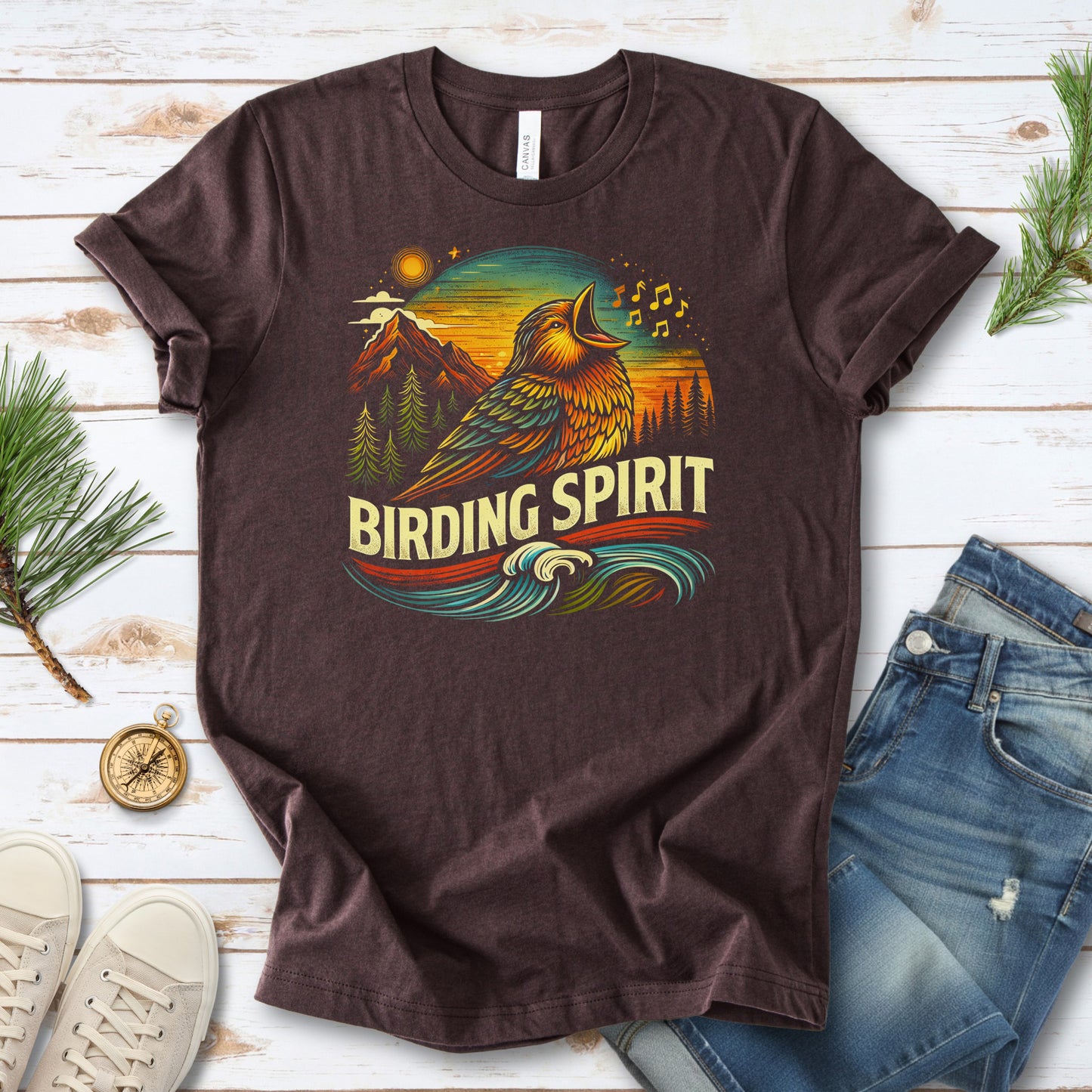 Birding Spirit Retro Mountain Sunset Singing Bird T-Shirt