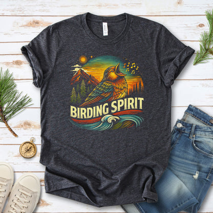 Birding Spirit Retro Mountain Sunset Singing Bird T-Shirt